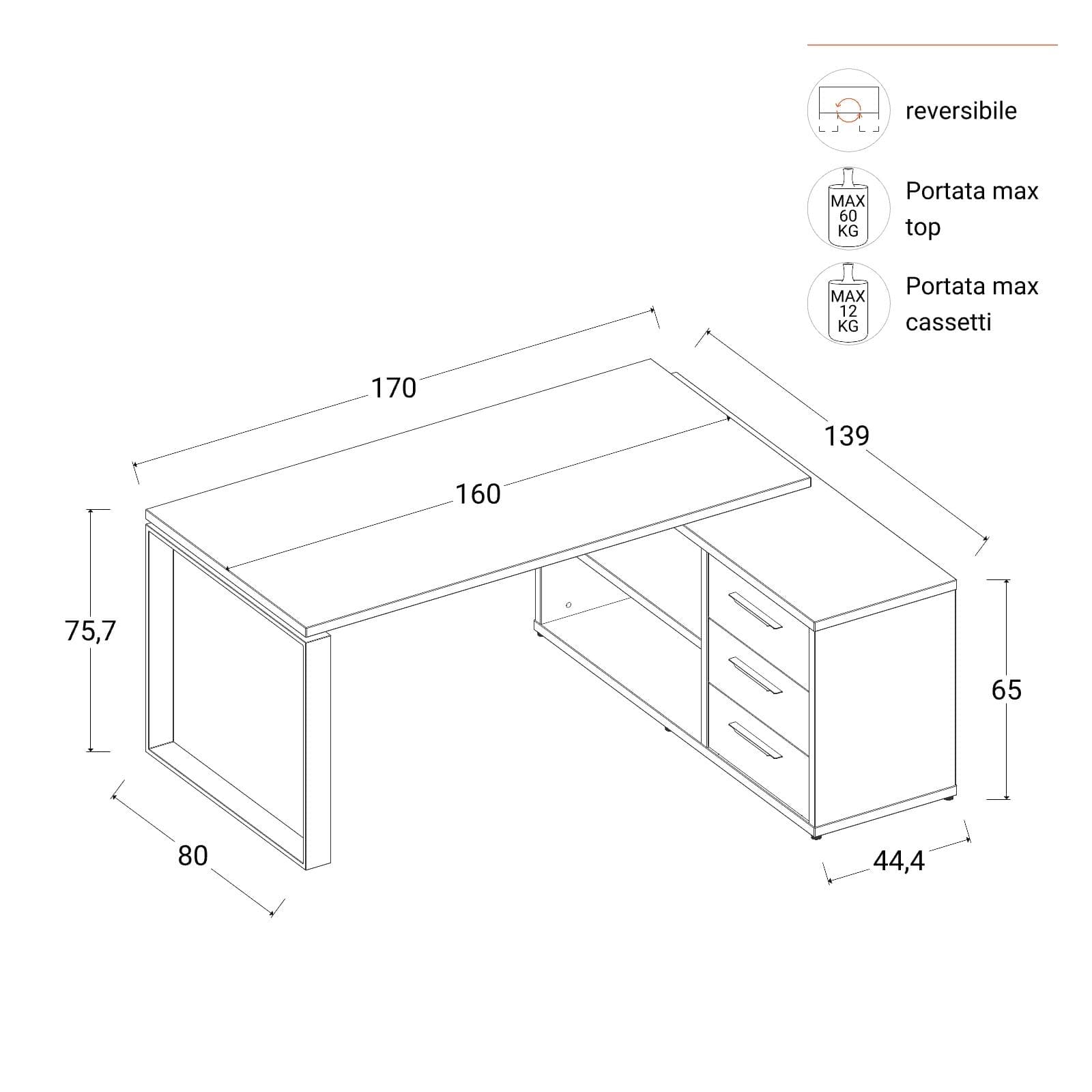 Scrivania angolare 170x140 cm top bianco lucido da 30 mm e cassettiera - Homely office