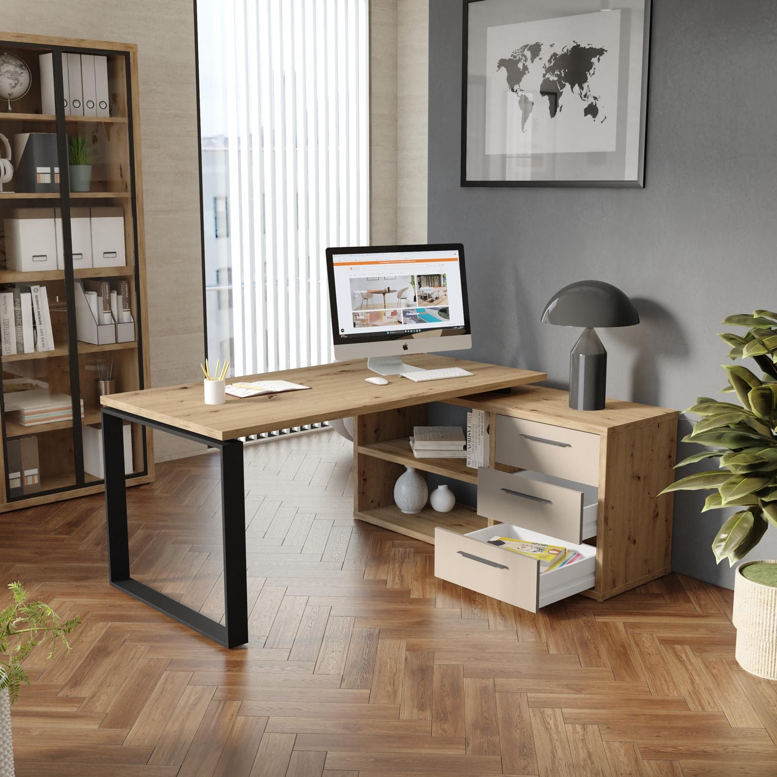 Scrivania angolare 170x140 cm top rovere artisan da 30 mm e cassettiera cashmere - Homely office