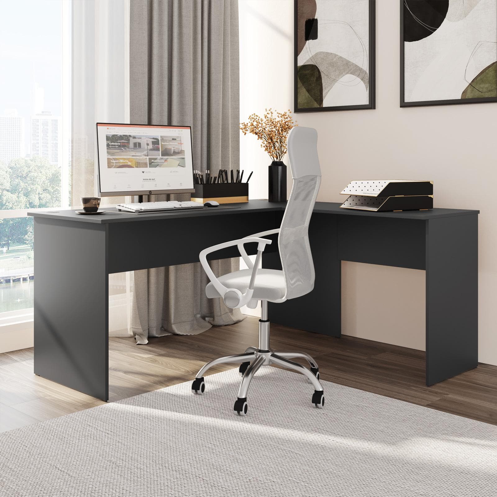 Scrivania angolare 160x145 cm antracite con foro passacavi - Janer