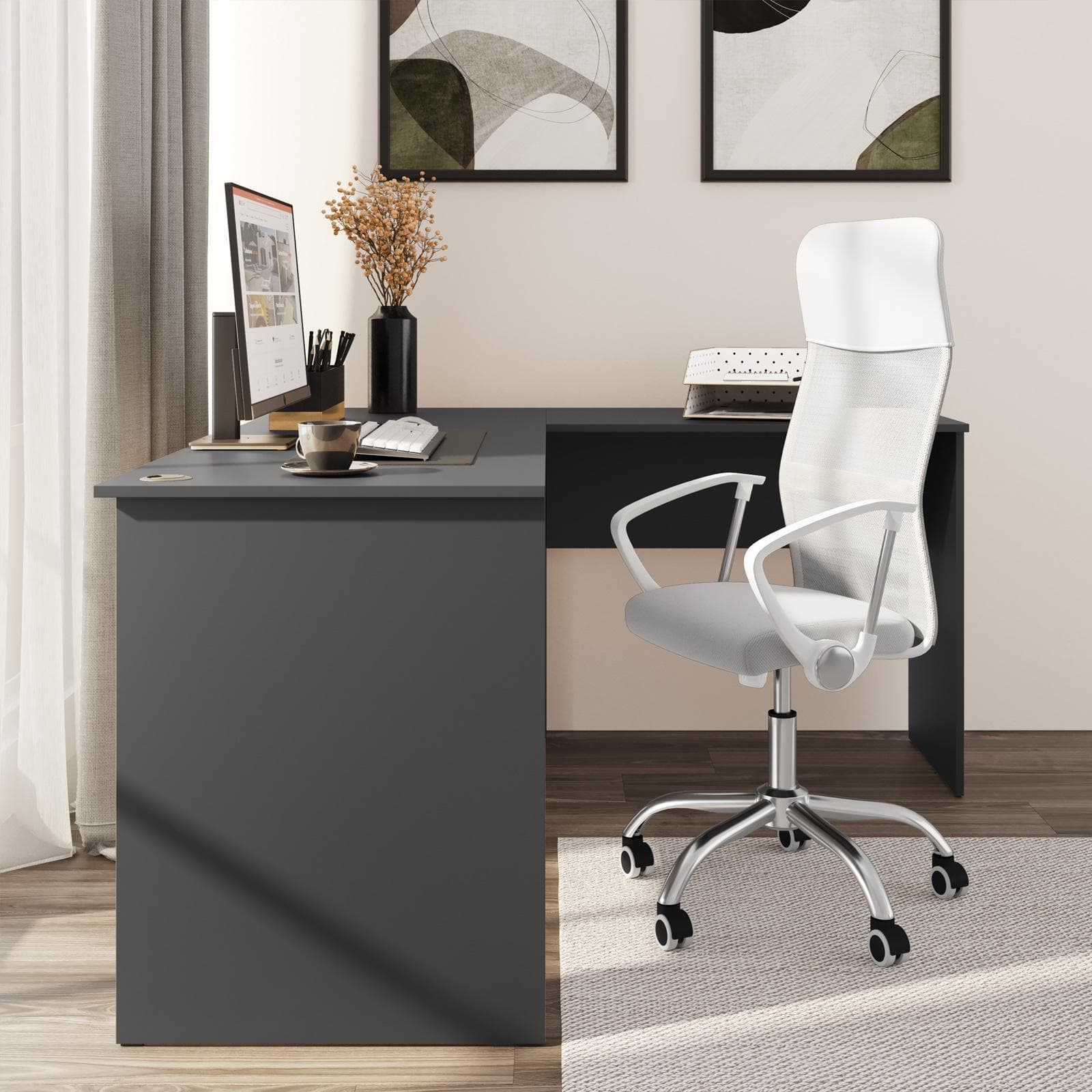 Scrivania angolare 160x145 cm antracite con foro passacavi - Janer