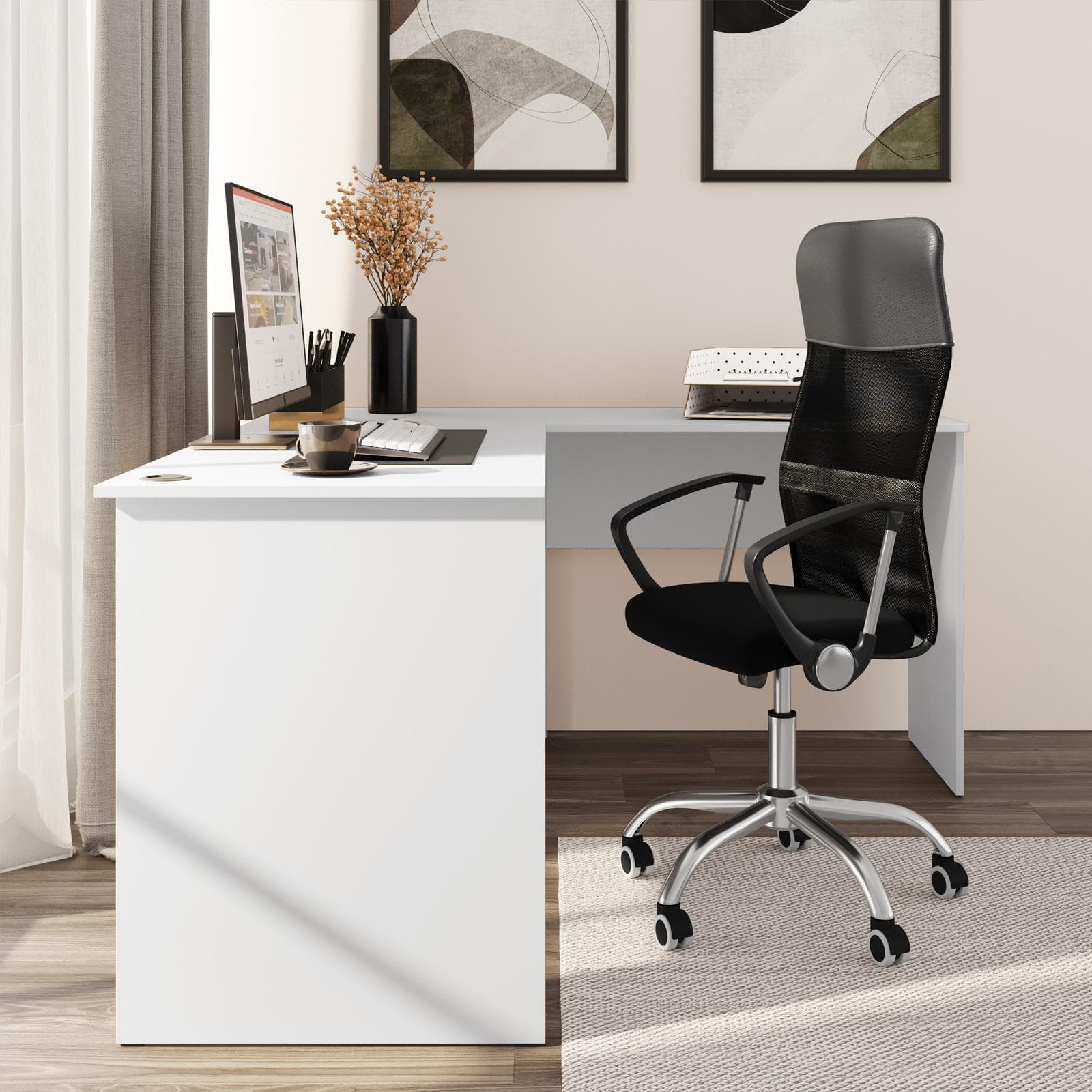 Scrivania angolare 160x145 cm bianco con foro passacavi - Janer