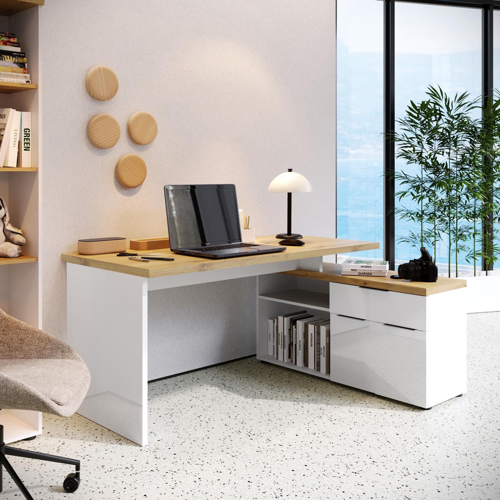 ISAAC SCRIVANIA ANGOLARE 160X120 CM BIANCO LUCIDO ROVERE ARTISAN C/ DATTILO 2AN 1CASS