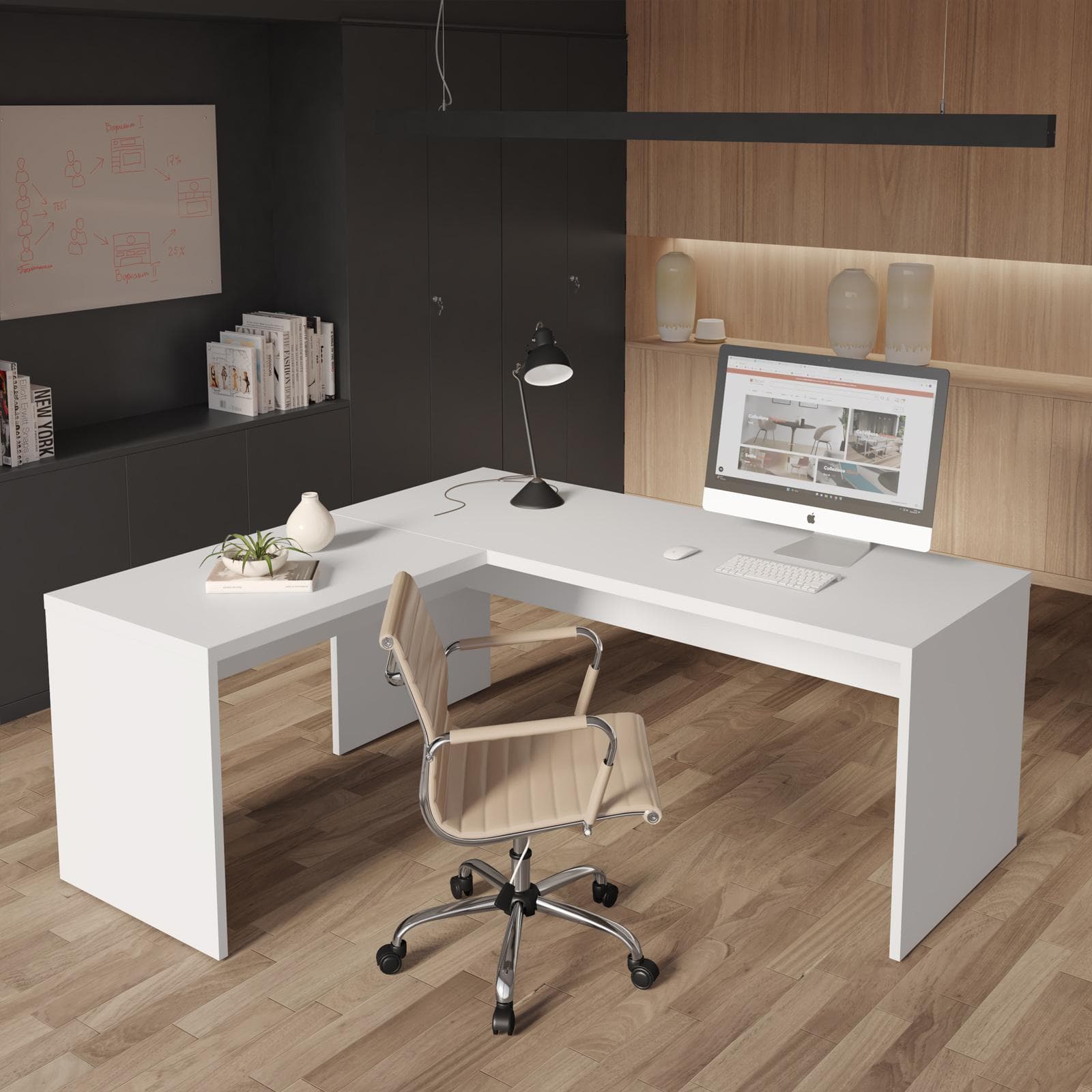 Scrivania angolare 170x180 cm in legno bianco lucido con spessore top da 38mm - Odense