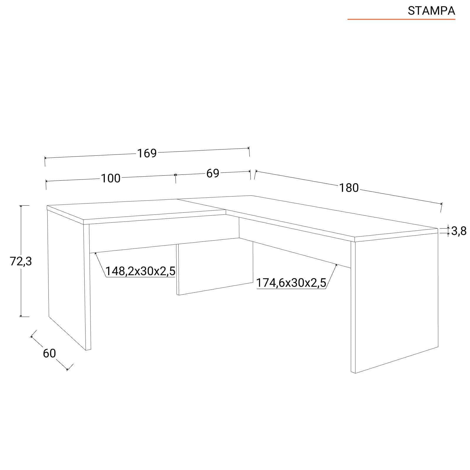 Scrivania angolare 170x180 cm in legno bianco lucido con spessore top da 38mm - Odense