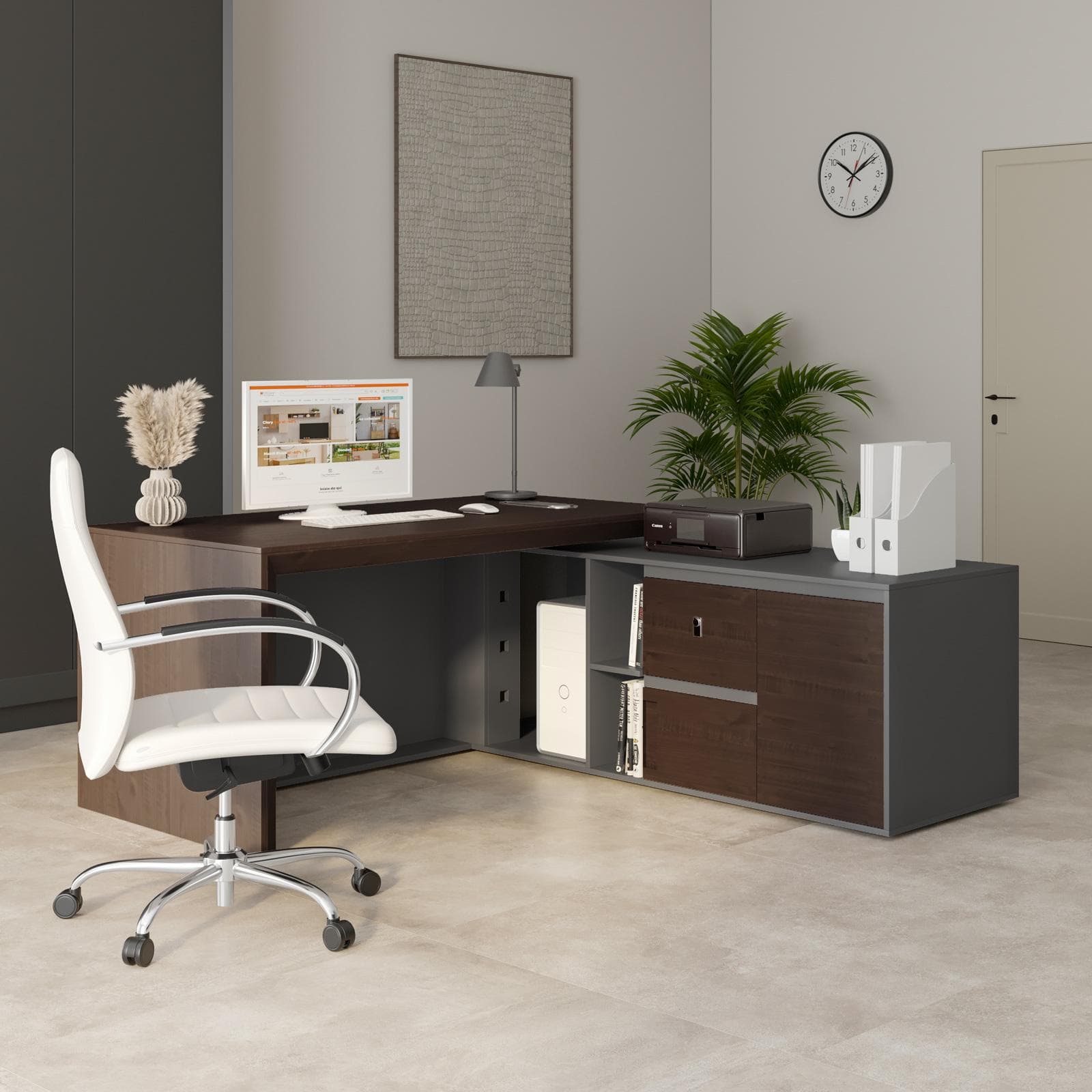 Scrivania angolare reversibile 180x180 cm in legno noce e grigio con foro passacavi ante e cassetti - Meva