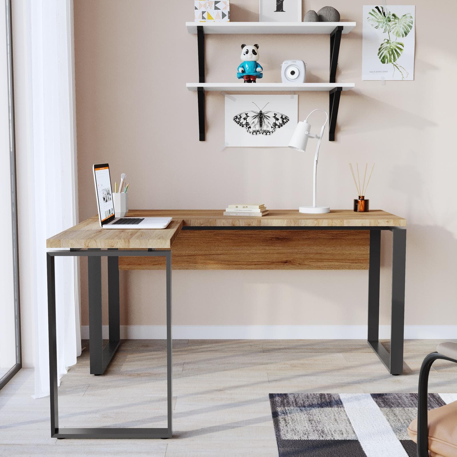 Scrivania angolare 150x140 cm in legno rovere western con passacavi e struttura in metallo - Belvedere