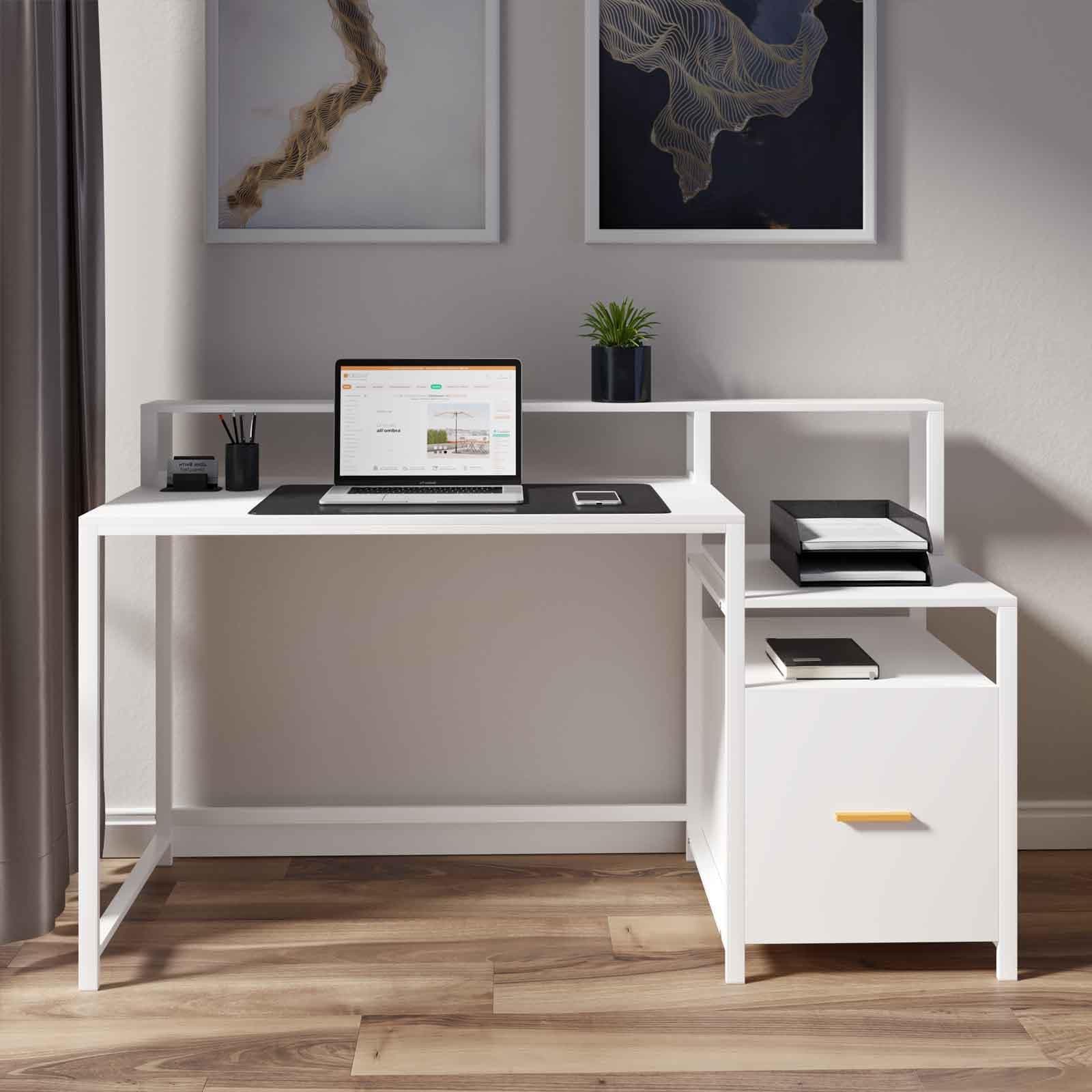 Scrivania 150x60 cm in legno e acciaio bianco con mensole e vano con cassetto integrato - Murphy