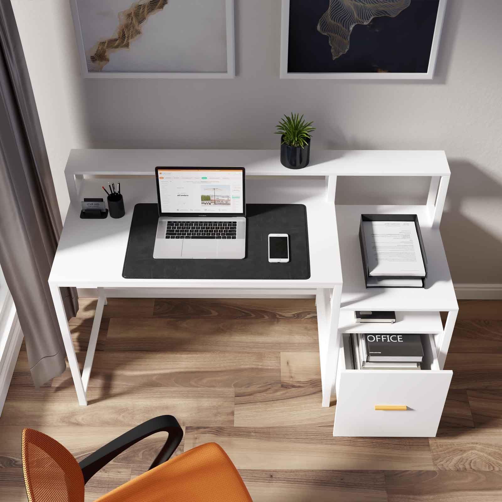 Scrivania 150x60 cm in legno e acciaio bianco con mensole e vano con cassetto integrato - Murphy