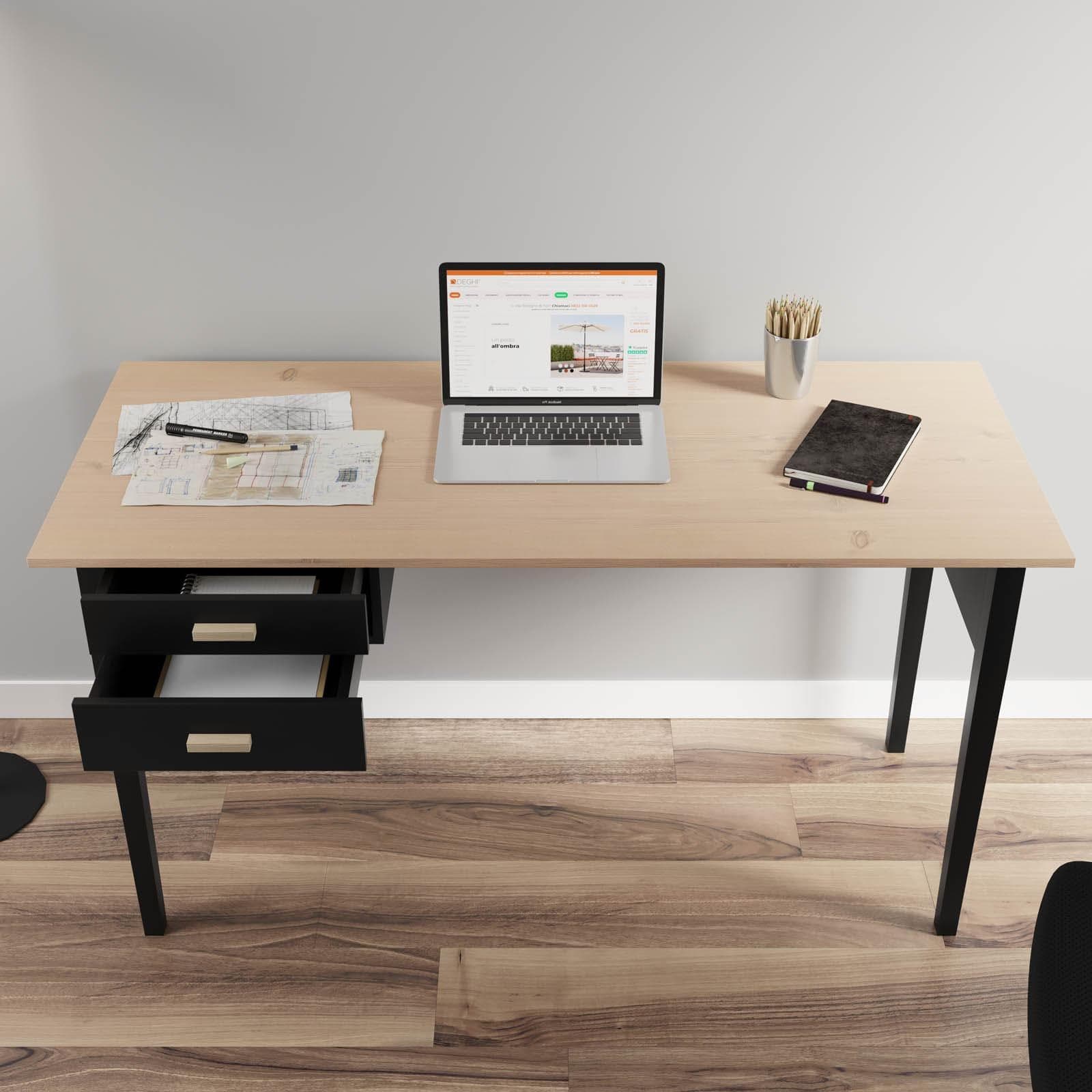 Scrivania 140x60 cm con top in rovere chiaro e gambe in legno nere con cassetti - Rusty