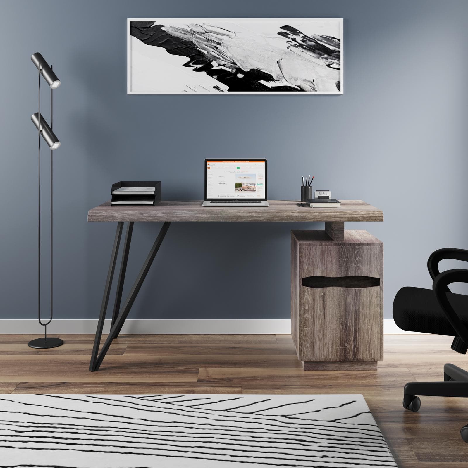 Scrivania 140x60 cm in legno scuro e gambe in acciaio nero con cassettiera integrata - Gomer