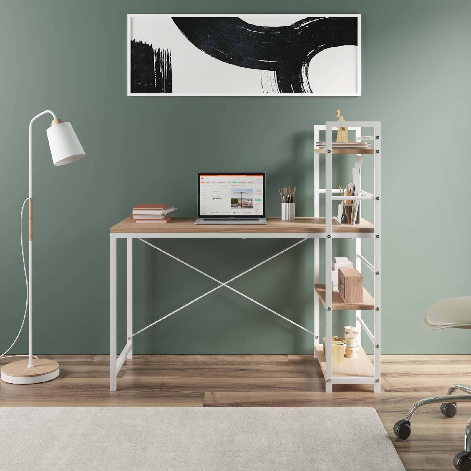 Scrivania 120x50 cm in legno rovere chiaro e acciaio bianco con libreria integrata h120 cm - Olaf