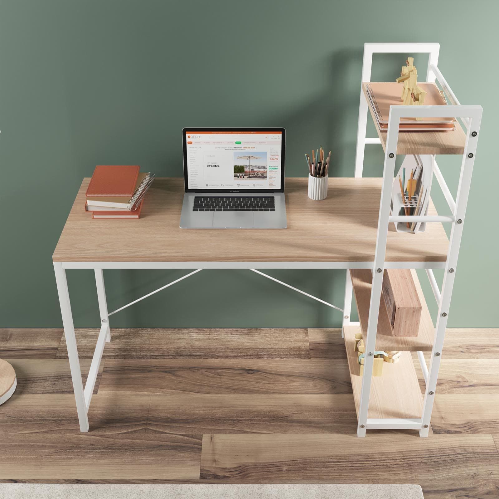Scrivania 120x50 cm in legno rovere chiaro e acciaio bianco con libreria integrata h120 cm - Olaf