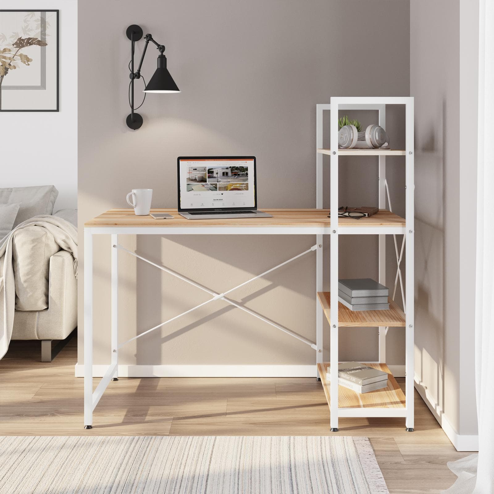 Scrivania 120x60 cm reversibile con top effetto rovere e struttura in metallo bianco con libreria integrata h120 cm - Caio