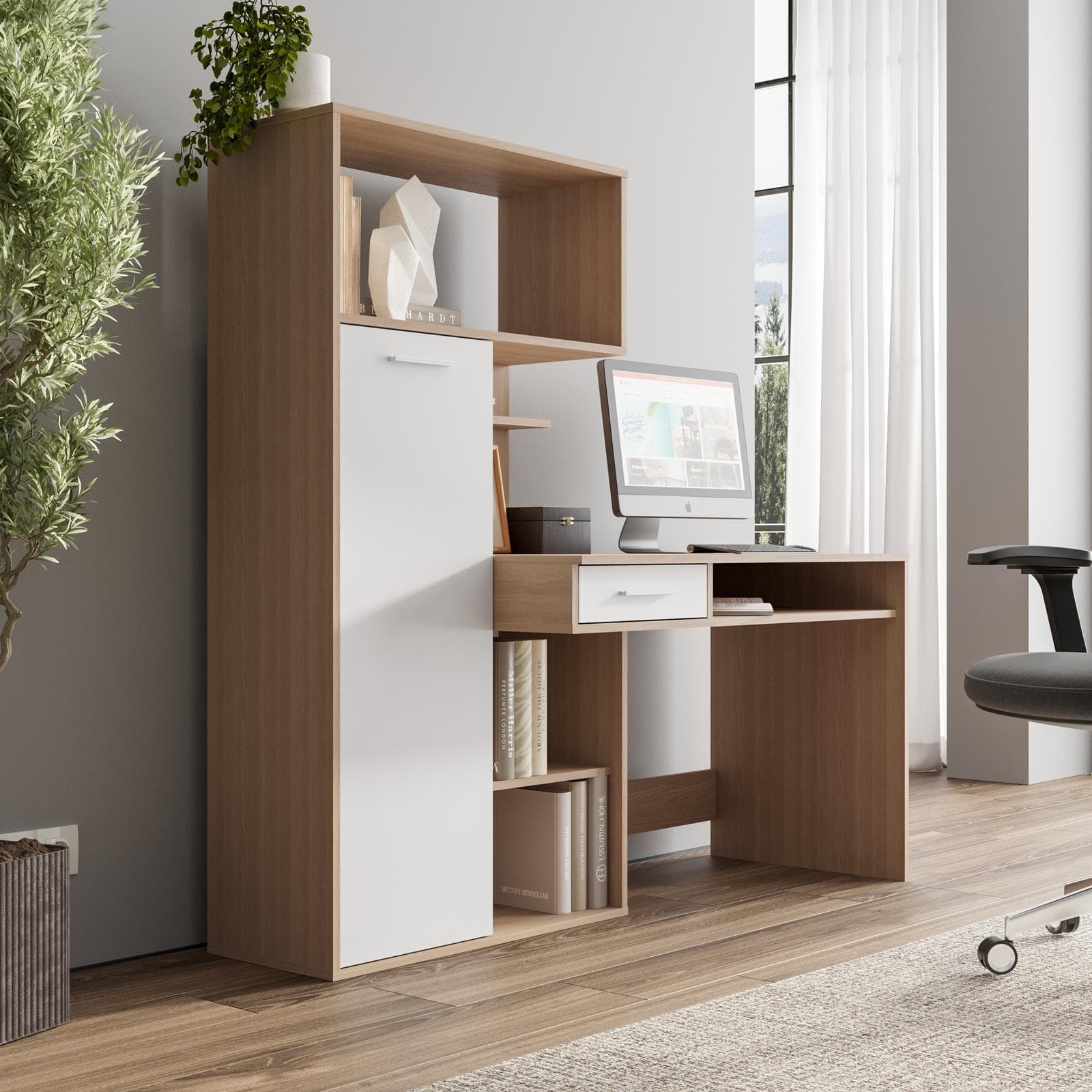 Scrivania con mobile contenitore 150x150h cm in legno effetto rovere e bianco - Shack