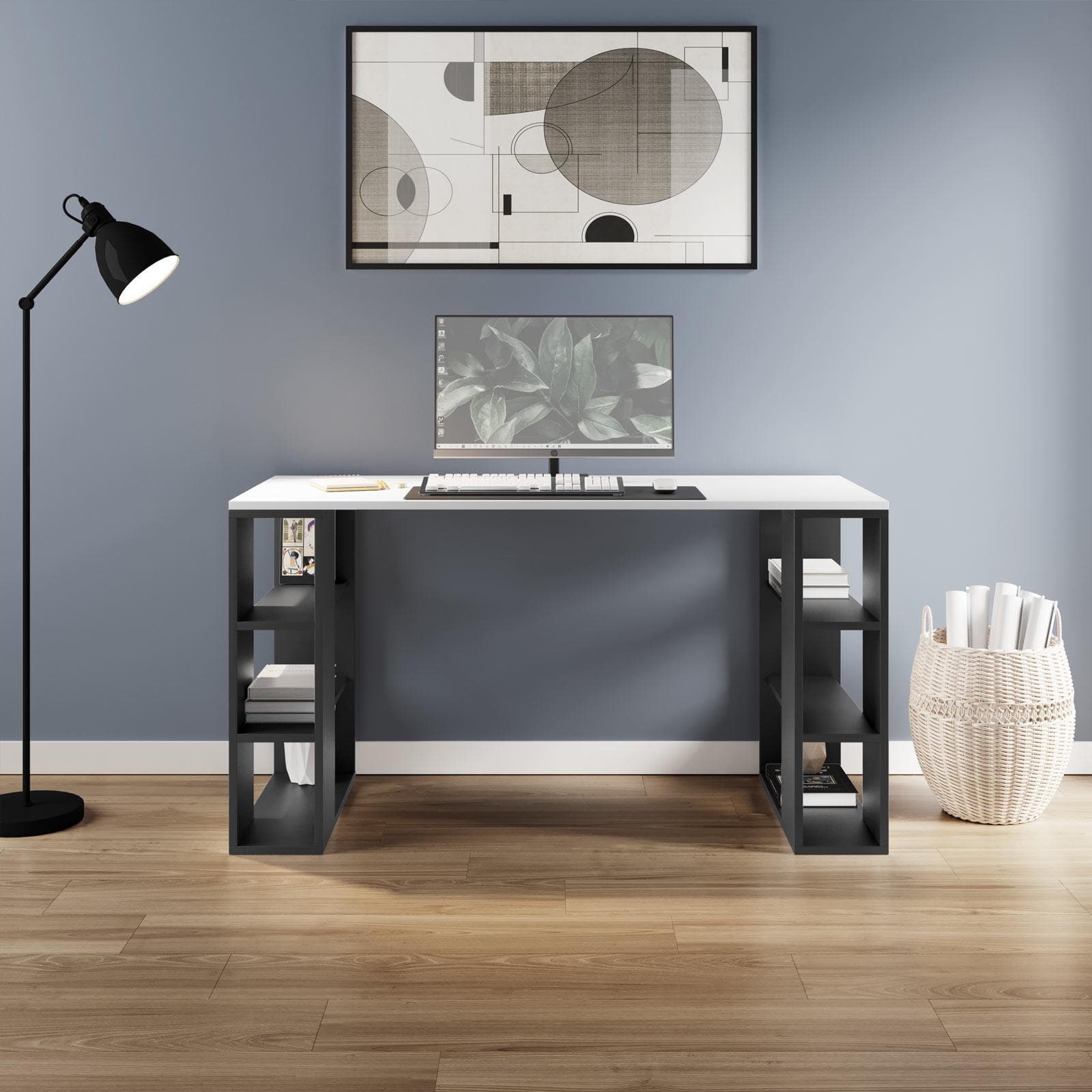 Scrivania 140x60 cm con top in legno bianco e ripiani laterali in legno antracite - Kantiko
