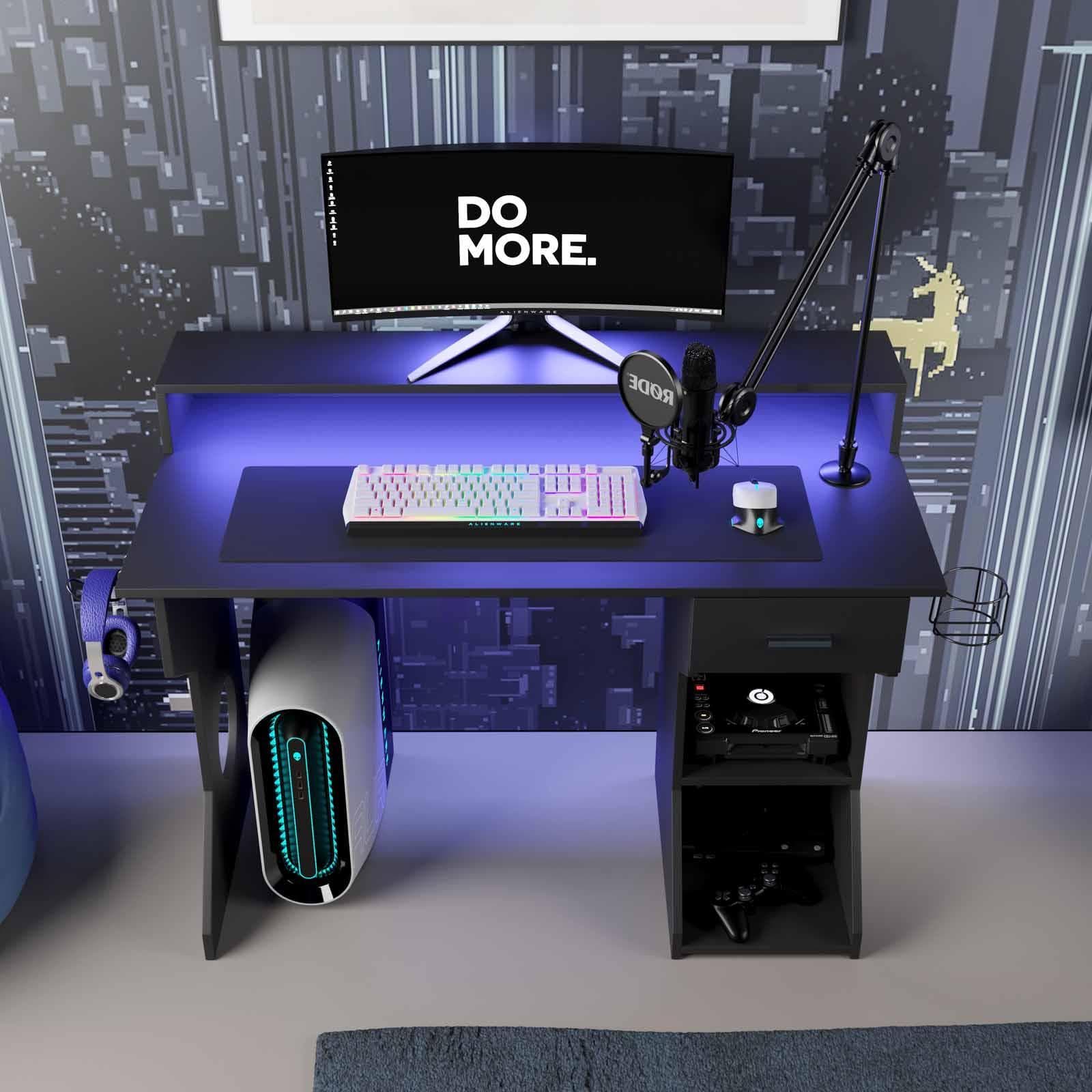 Scrivania da gaming 120x60 cm in legno nero con led blu sottomensola e supporti cuffie e borraccia - Stellare