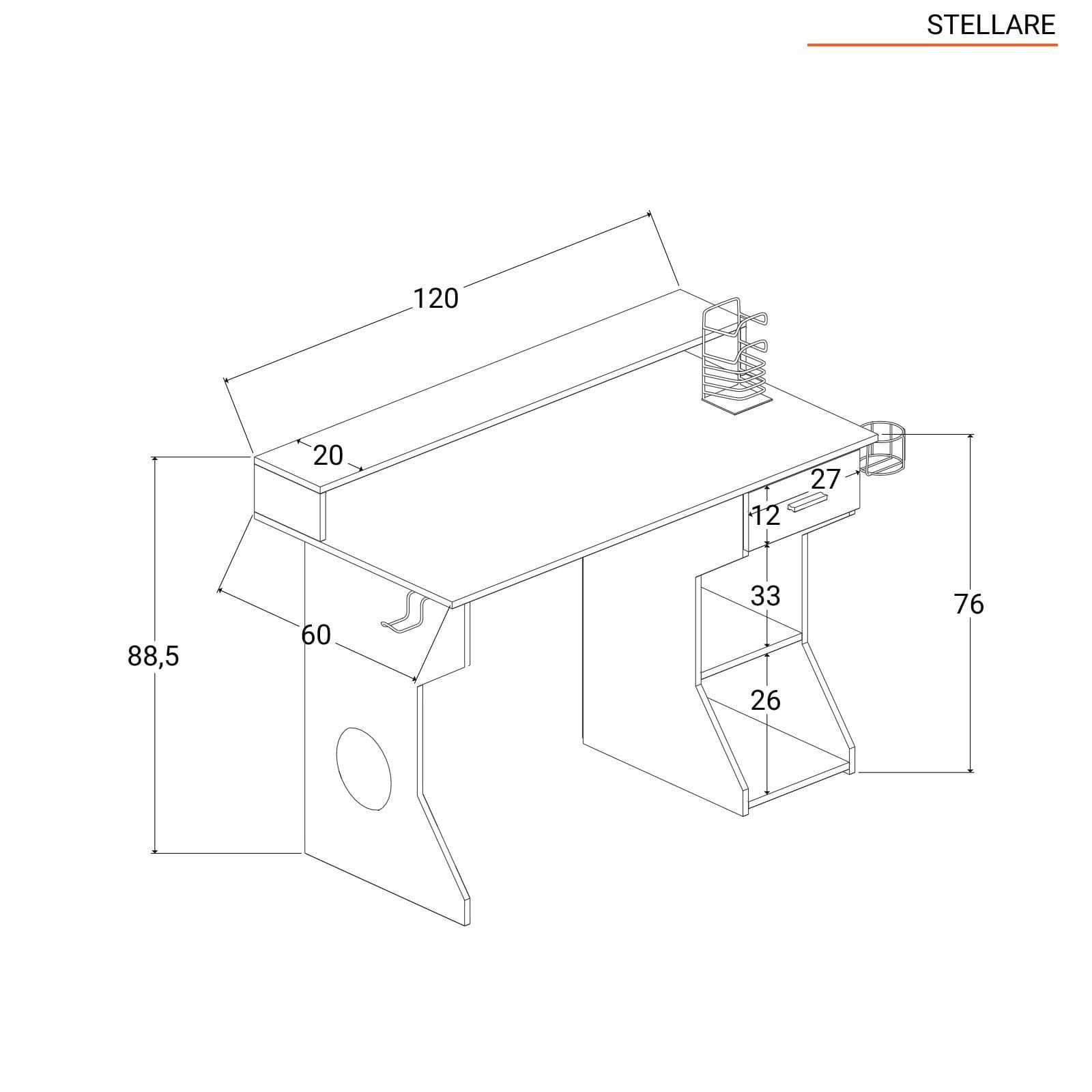 Scrivania da gaming 120x60 cm in legno nero con led blu sottomensola e supporti cuffie e borraccia - Stellare