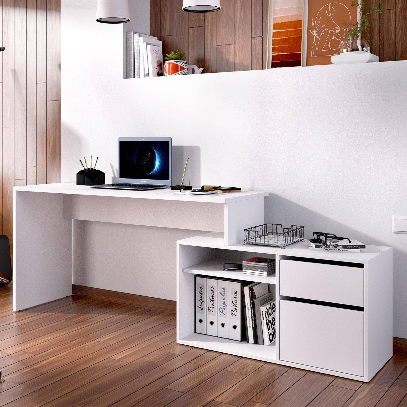 Scrivania reversibile 139x92 cm con mobile contenitore in legno bianco - Marnie