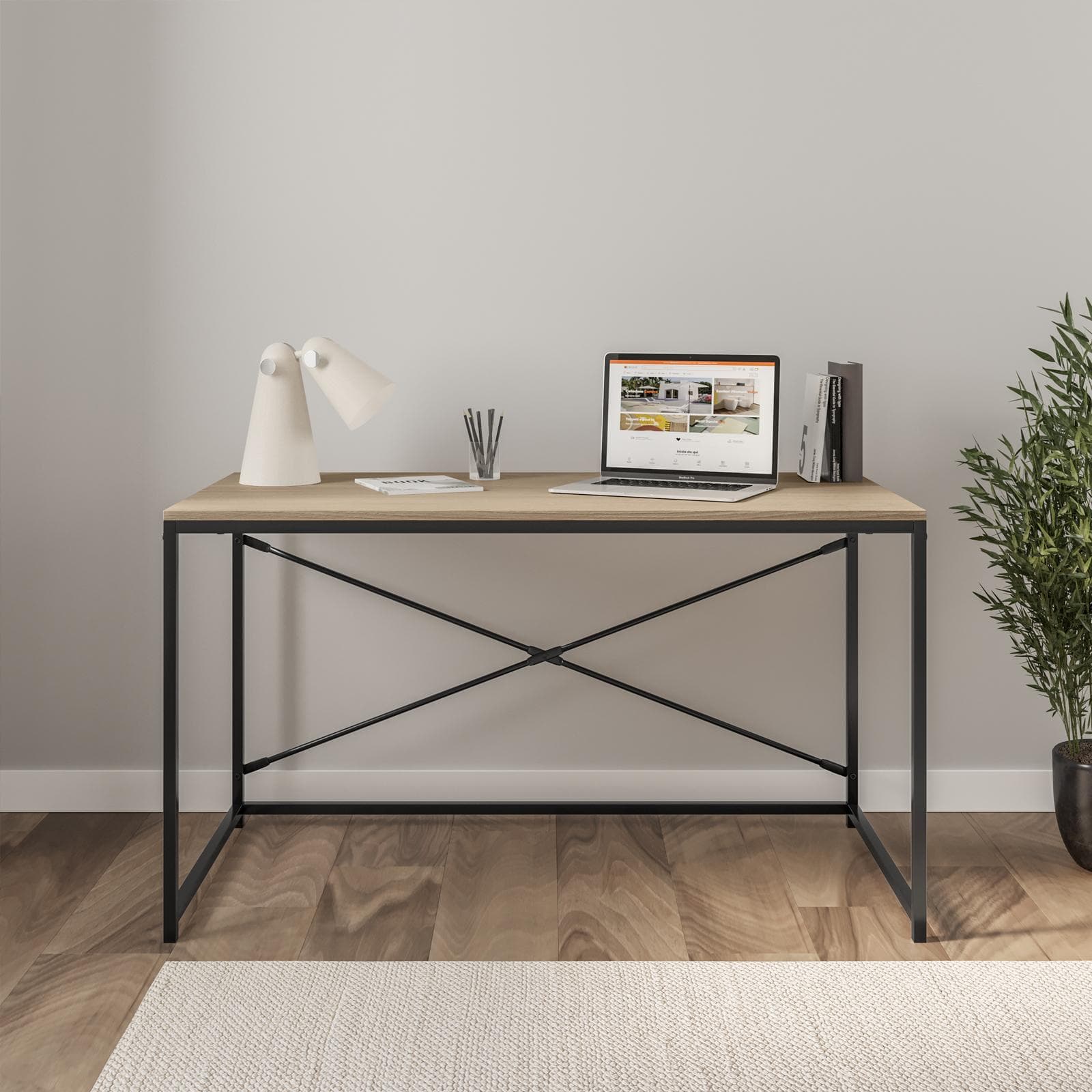Scrivania 120x60 cm con top in legno rovere chiaro e struttura in acciaio nero - Duke