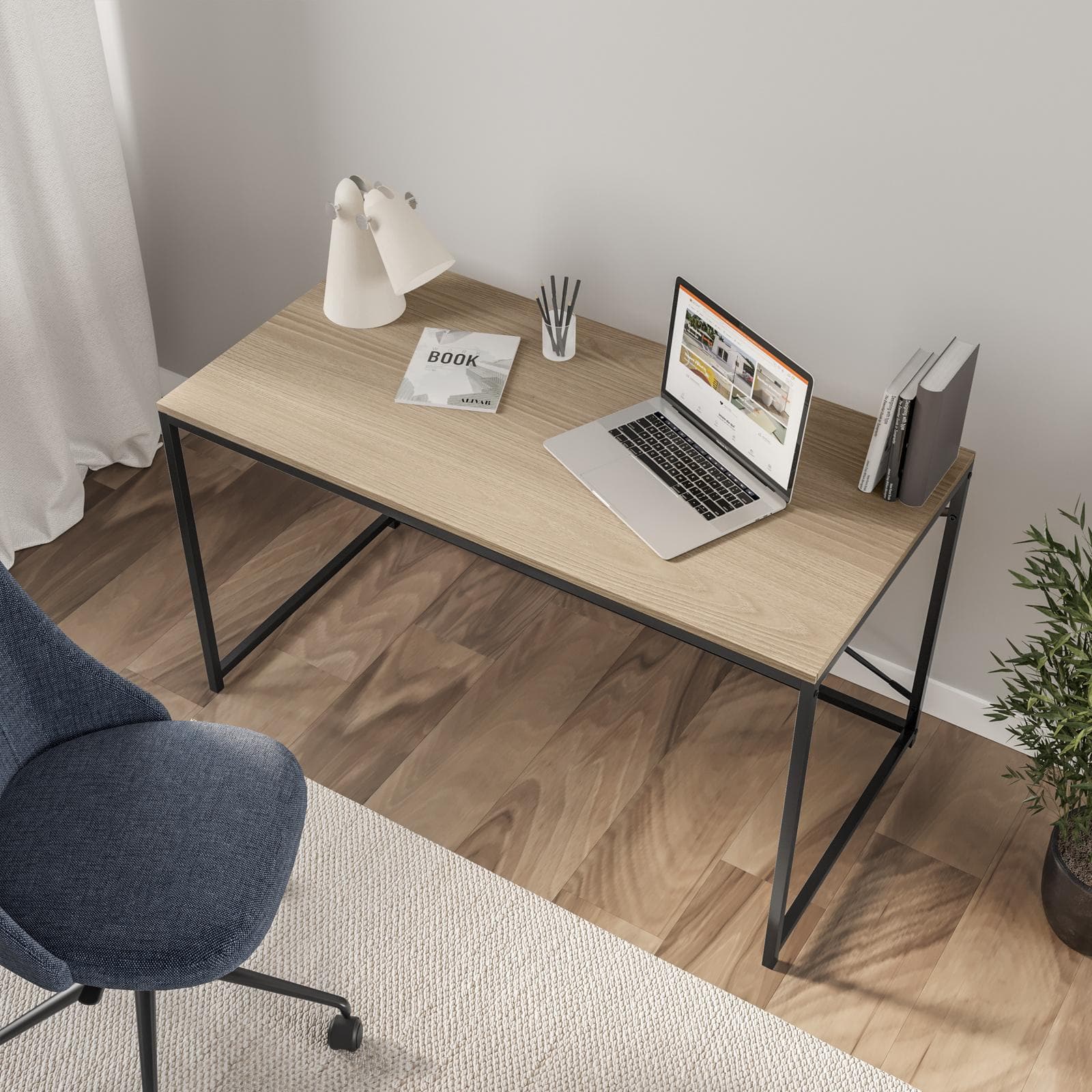 Scrivania 120x60 cm con top in legno rovere chiaro e struttura in acciaio nero - Duke