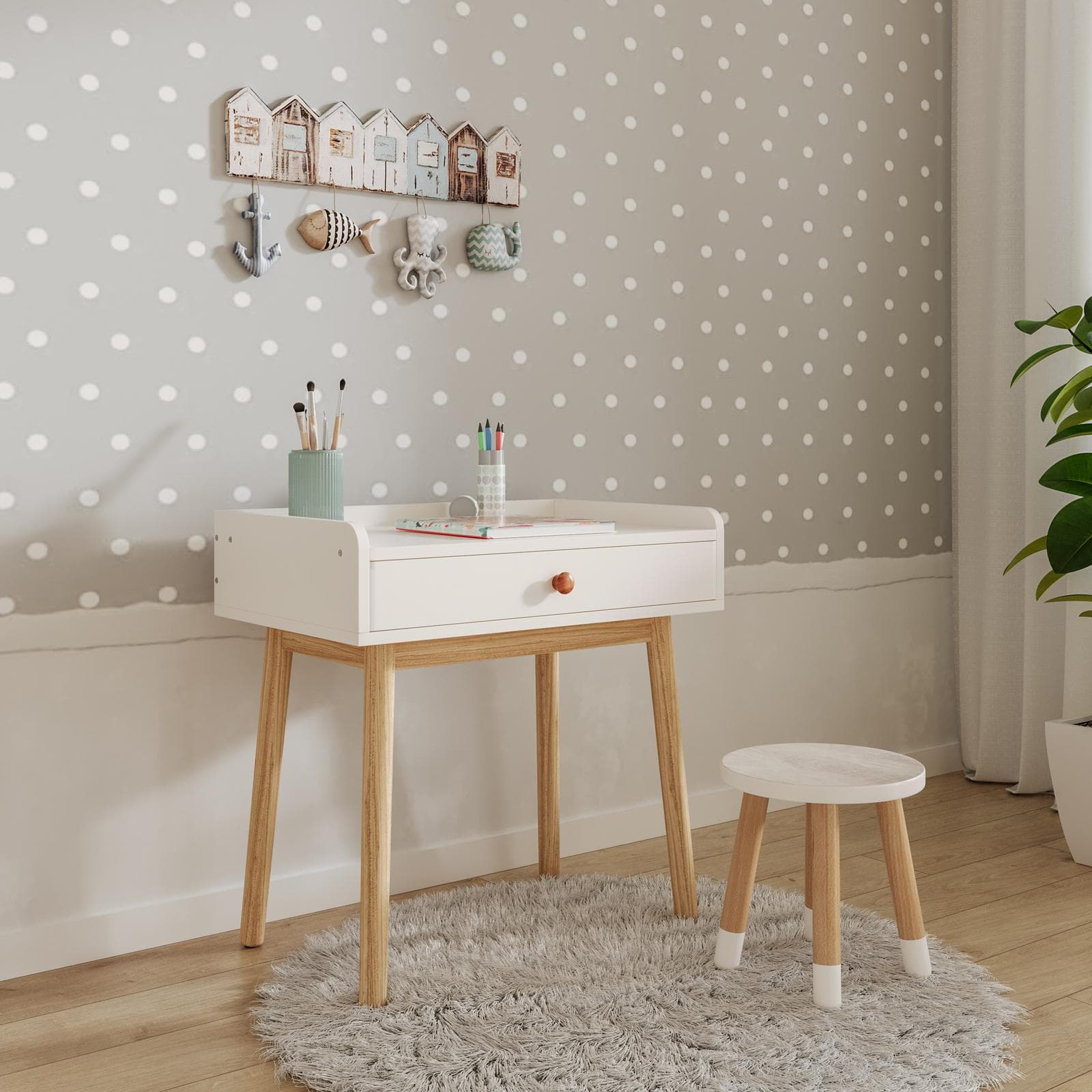 Scrivania per bambini 62x62h cm in legno naturale e bianco con 1 cassetto - Lollipop