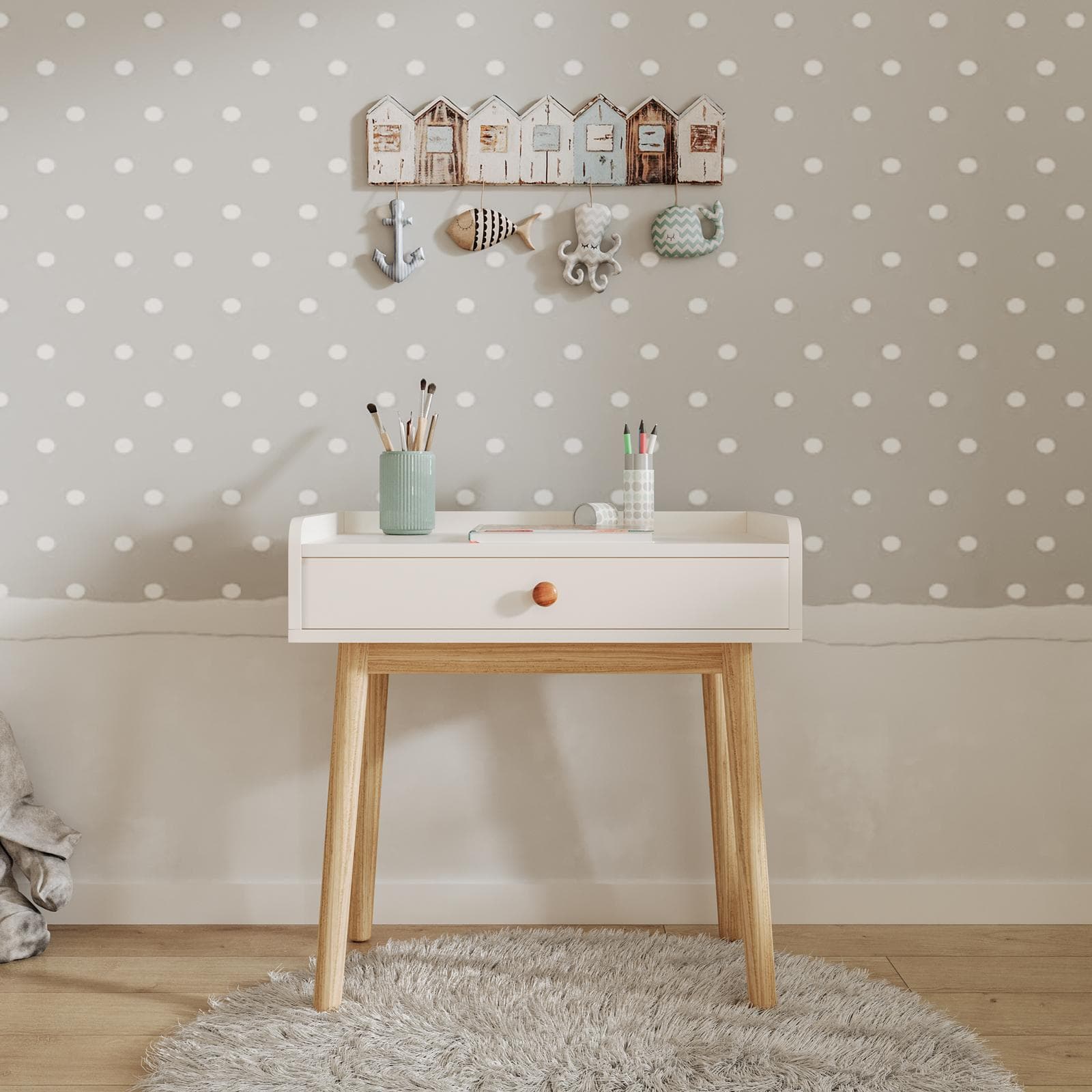 Scrivania per bambini 62x62h cm in legno naturale e bianco con 1 cassetto - Lollipop