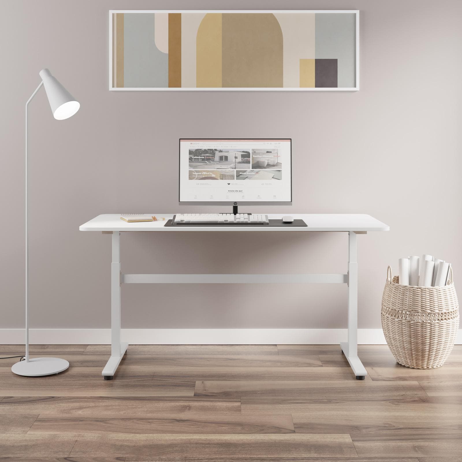 Scrivania 140x60 cm in legno e acciaio bianco con altezza regolabile e gambe a T - Told