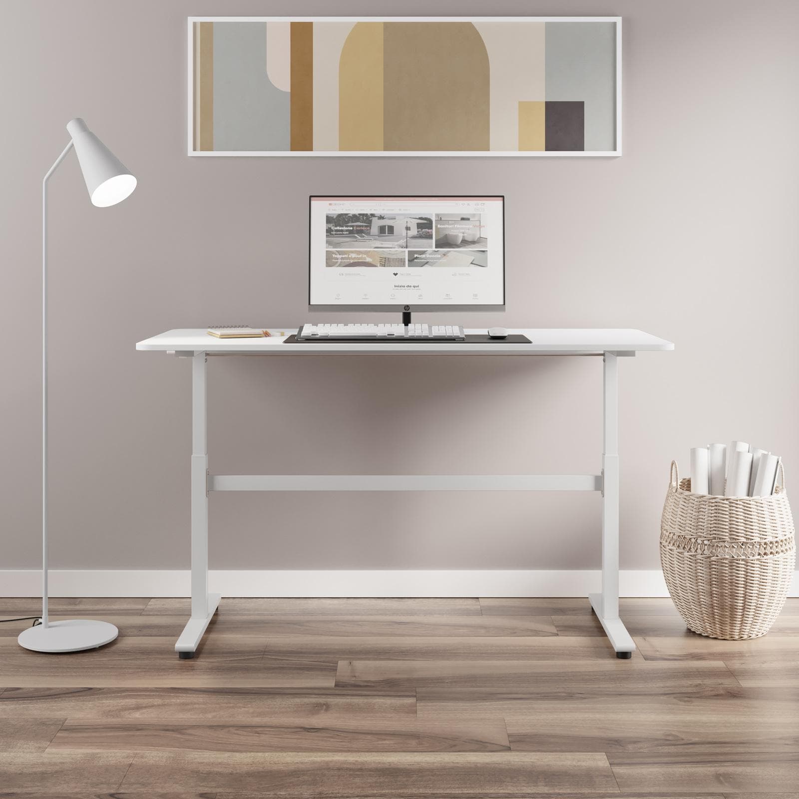 Scrivania 140x60 cm in legno e acciaio bianco con altezza regolabile e gambe a T - Told