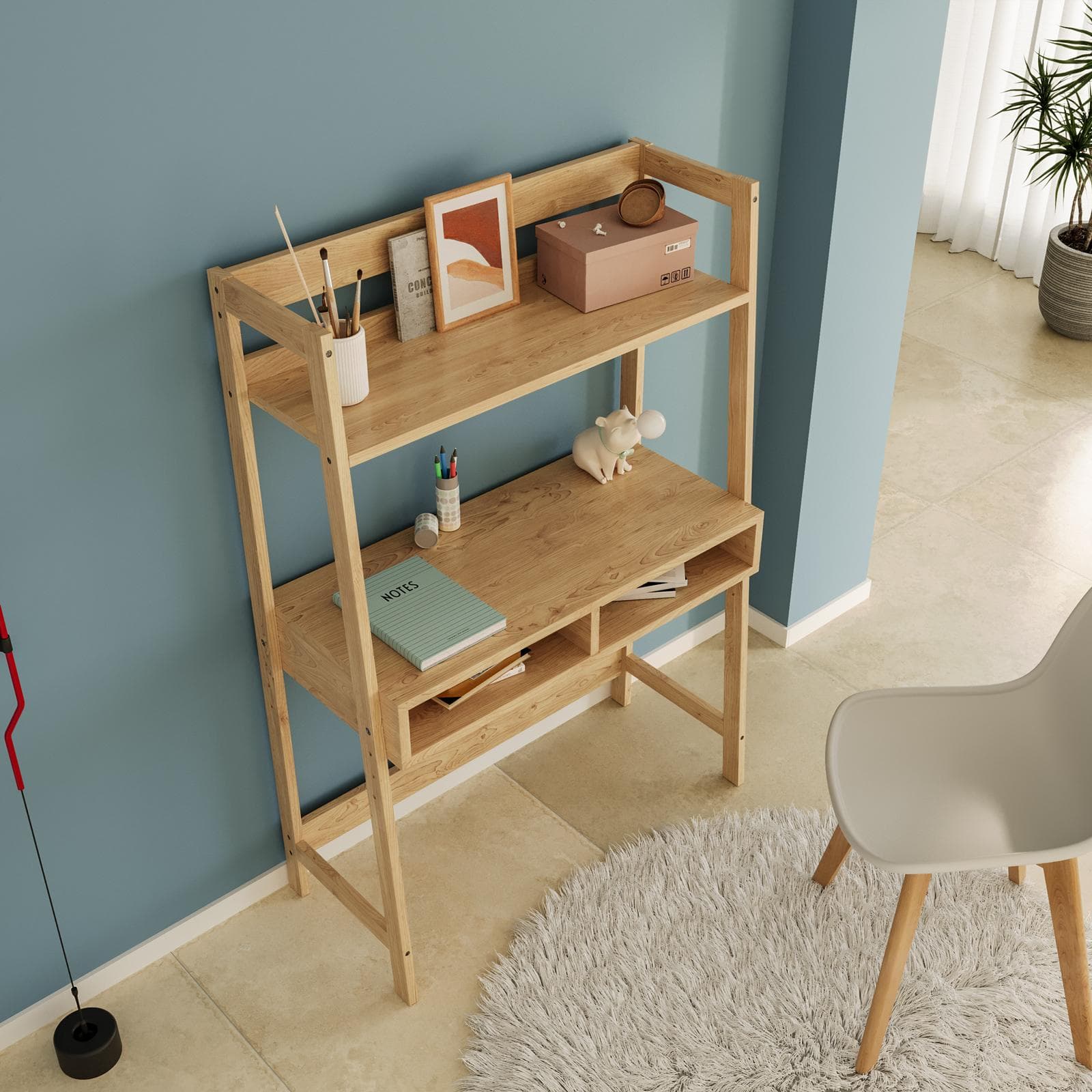 Scrivania regolabile per bambini 90x132h cm in legno naturale con 2 vani - Lollipop