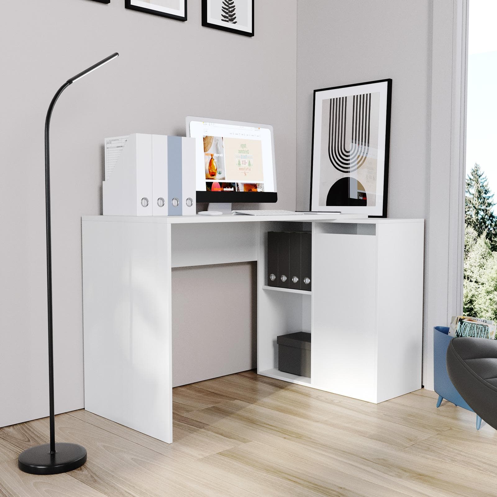 Scrivania reversibile 120-160x50-80 cm bianco opaco con vani contenitori - Deli