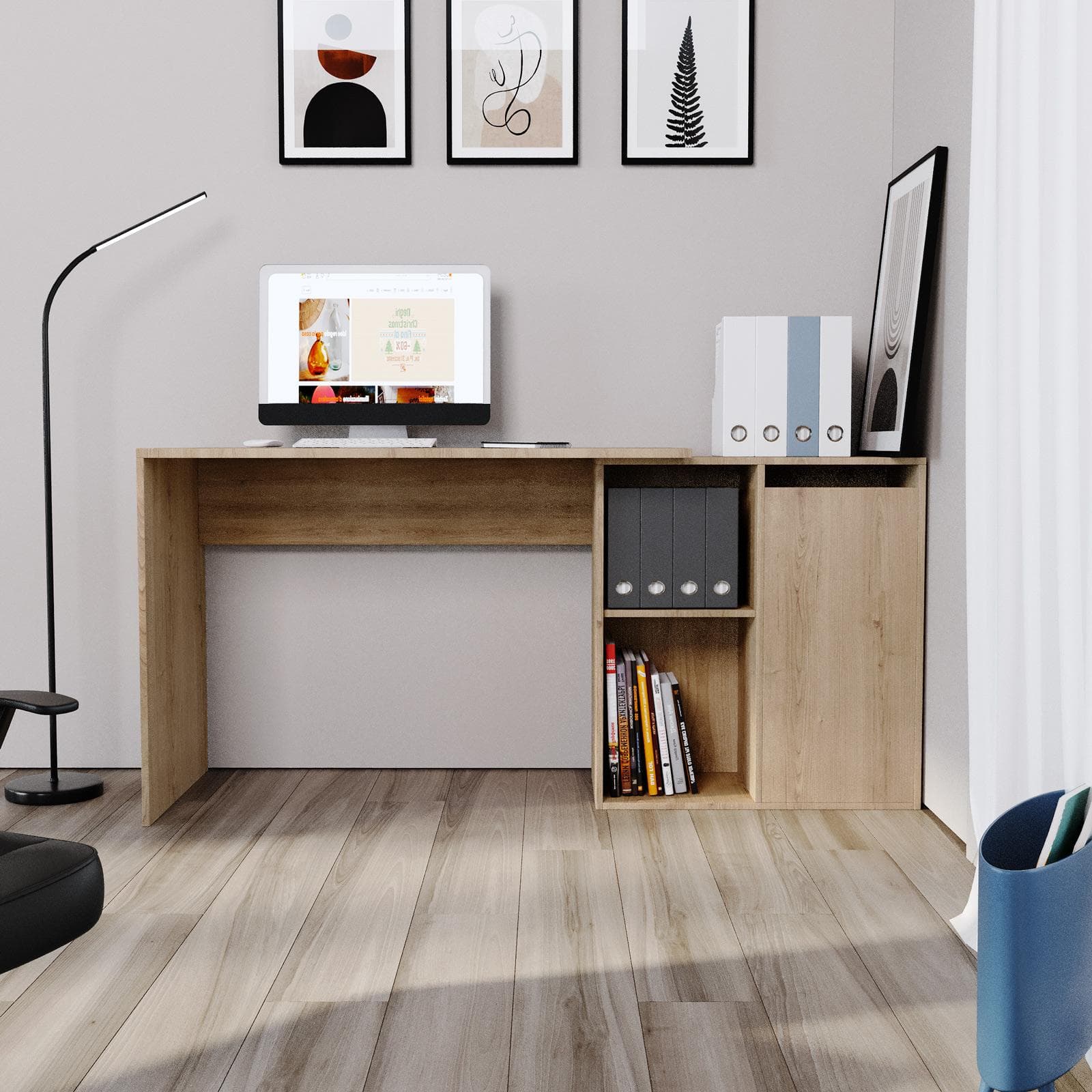 Scrivania reversibile 120-160x50-80 cm effetto rovere con vani contenitori - Deli