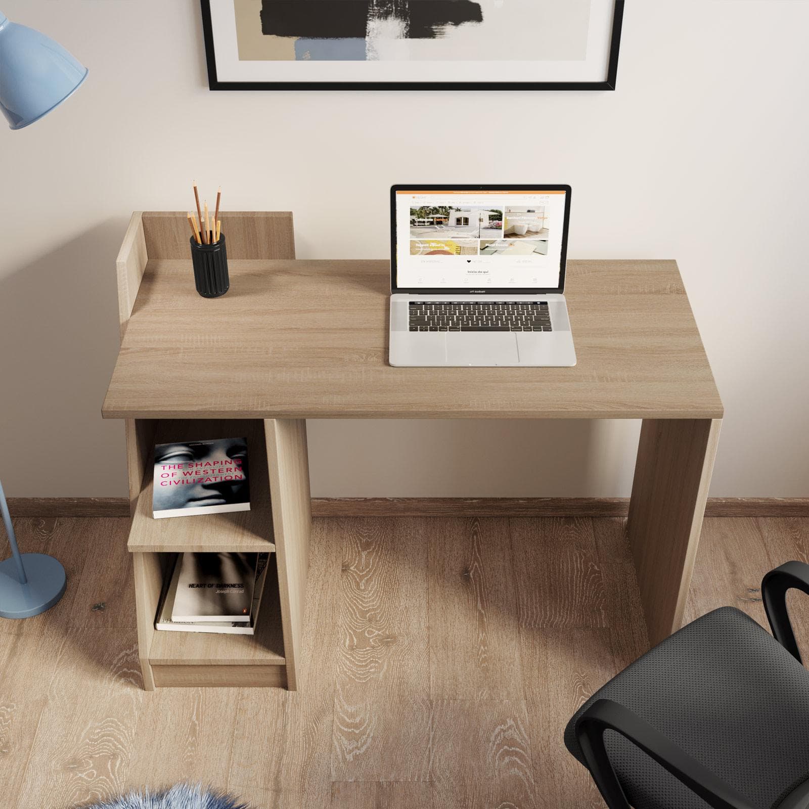 Scrivania 110x50 cm in legno rovere sonoma con vani contenitori - Saetta