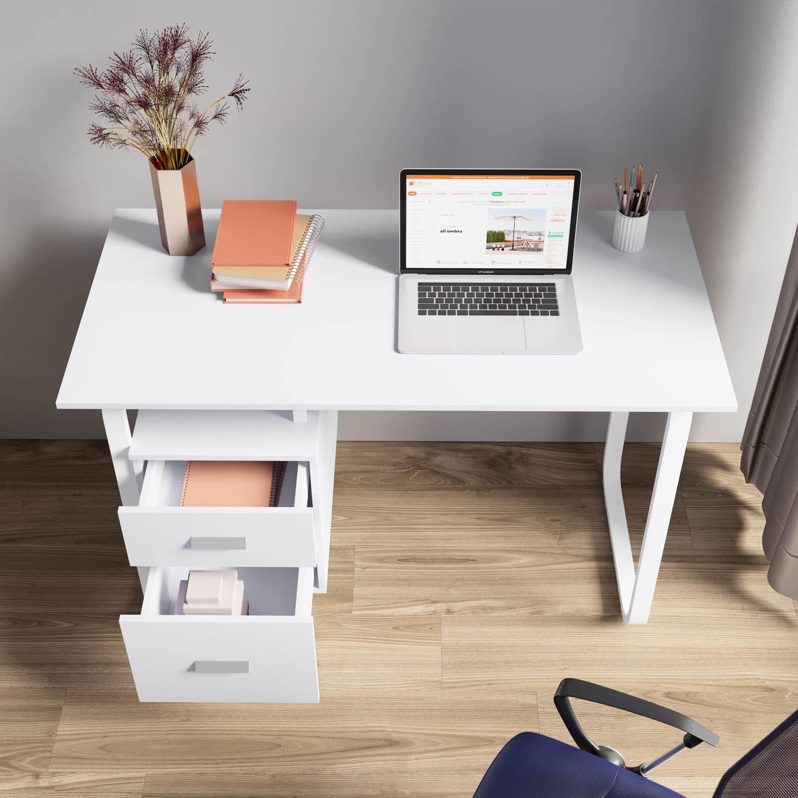 Scrivania 120x60 cm in legno e acciaio bianco con cassettiera integrata - Franz