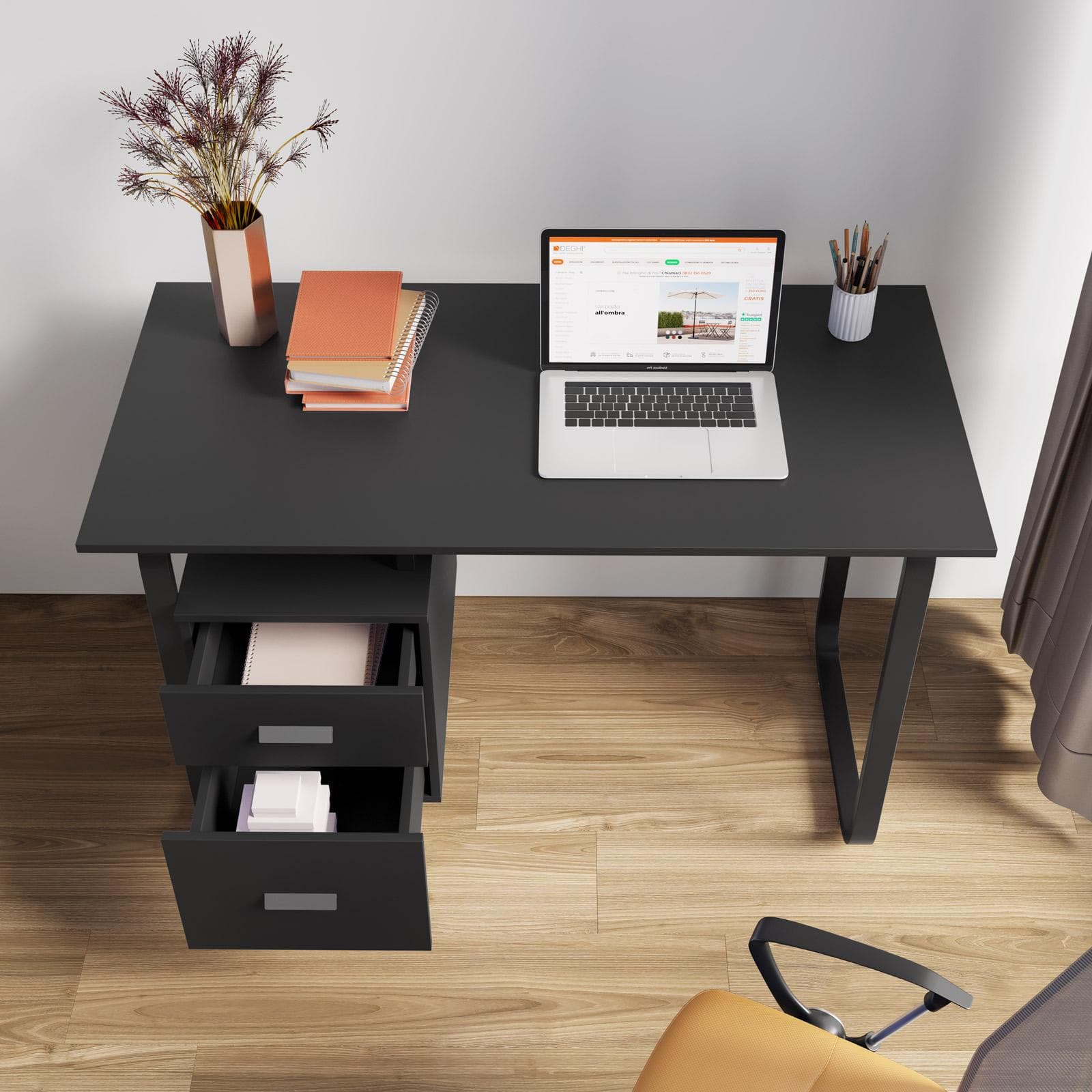 Scrivania 120x60 cm in legno e acciaio nero con cassettiera integrata - Franz