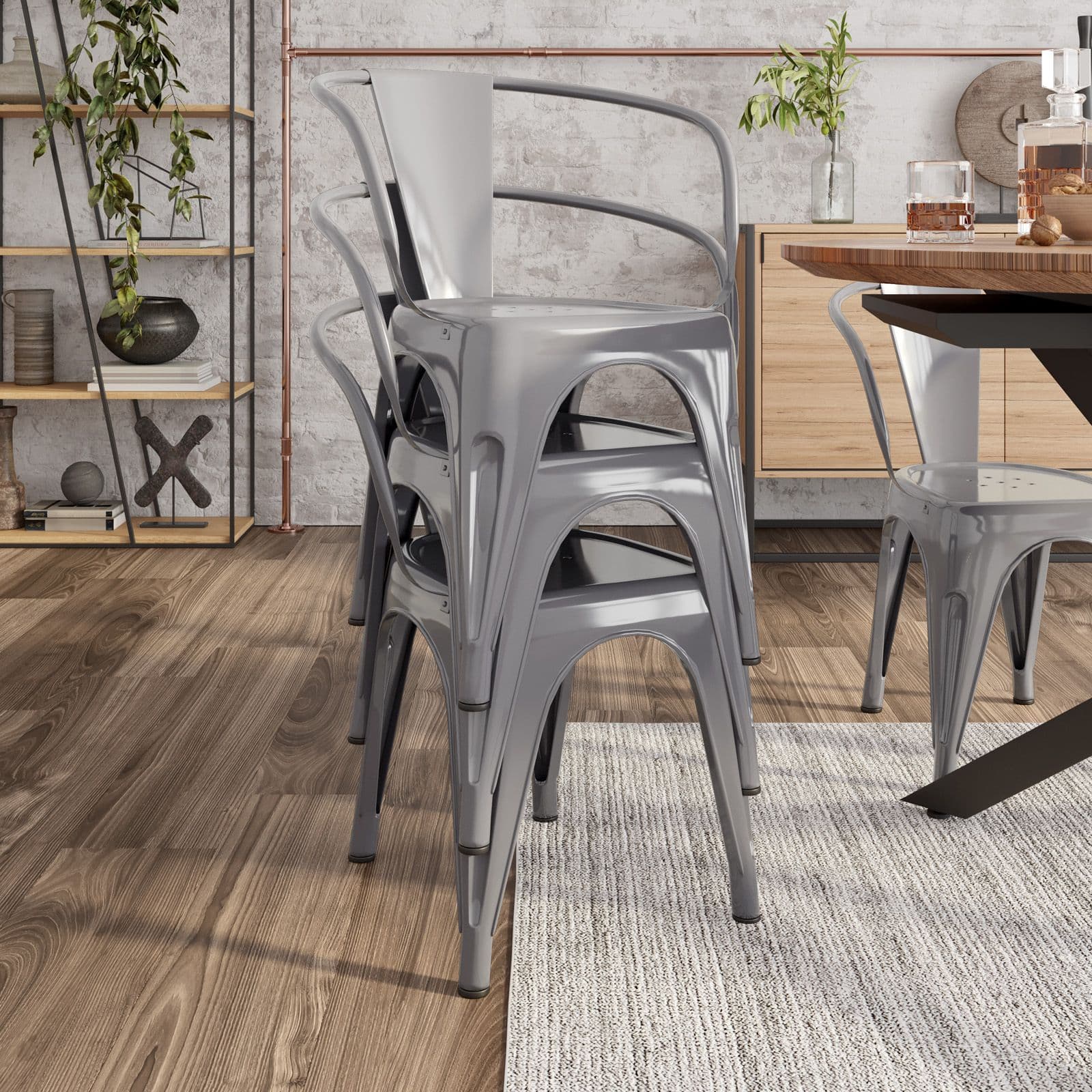 Sedia con braccioli impilabile stile industrial in metallo grigio - Farley