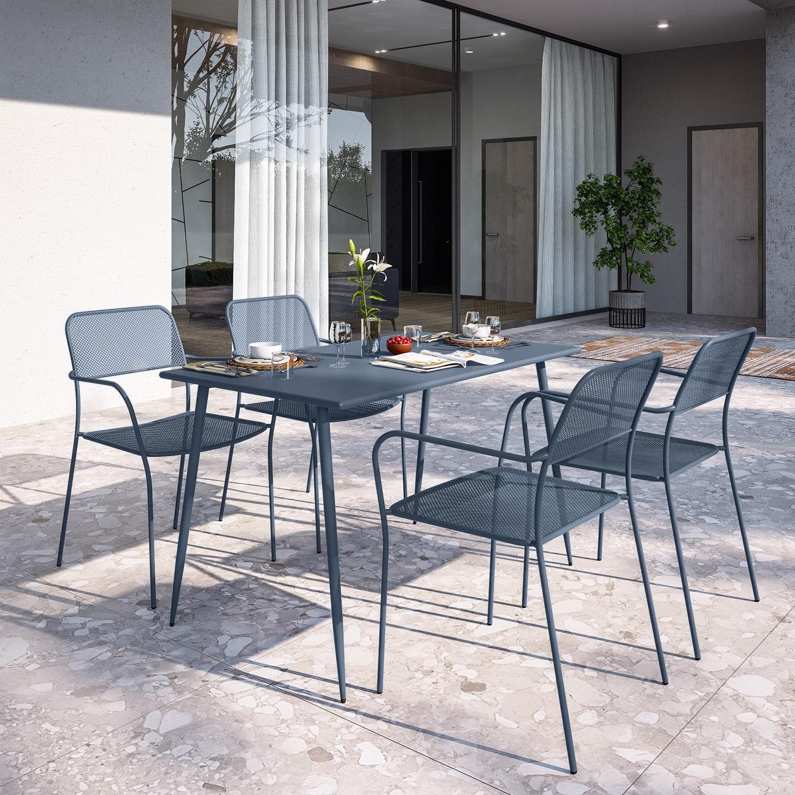 Sedia da esterno con braccioli impilabile in acciaio blu oceano - Faber