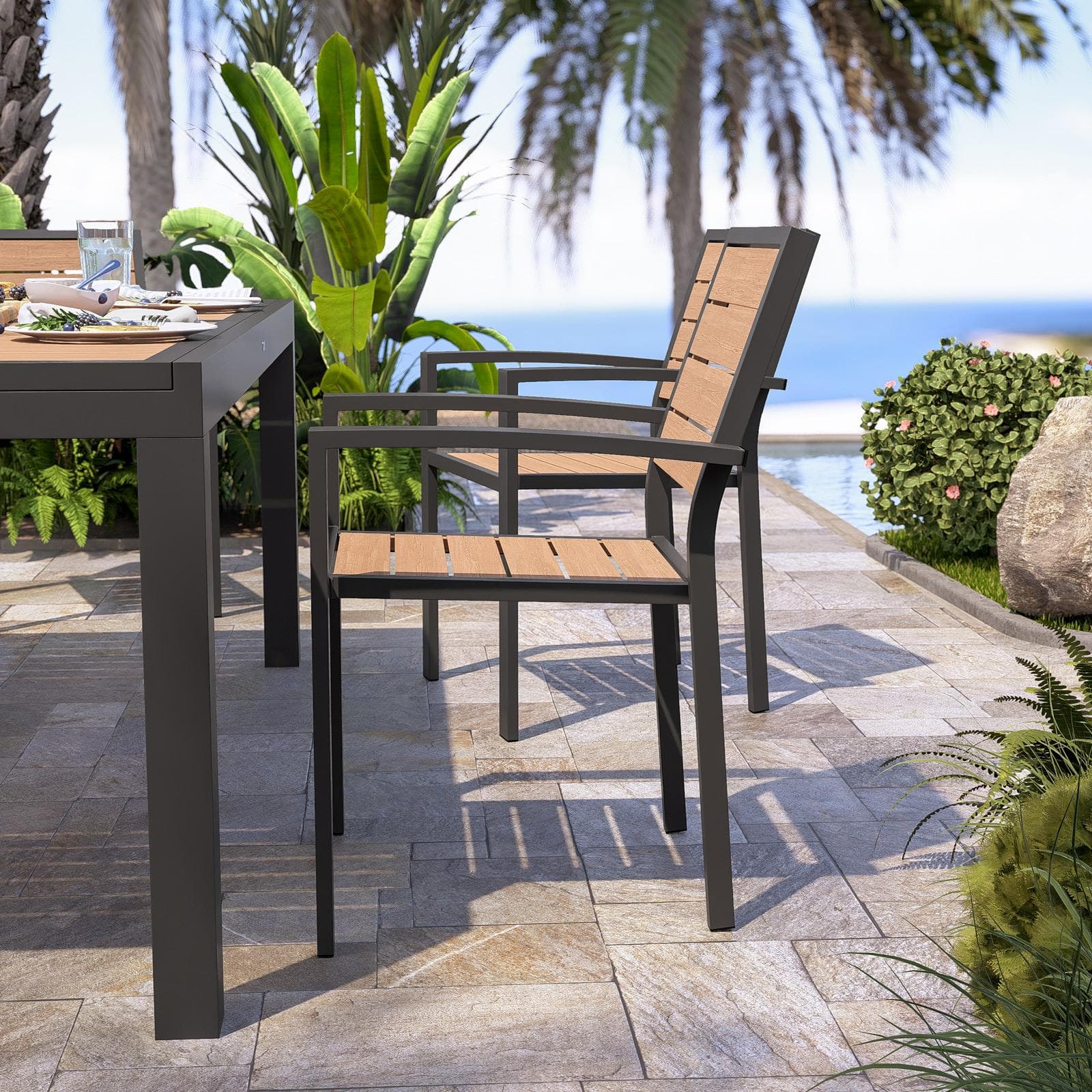 Sedia da esterno con braccioli in alluminio antracite e doghe effetto legno miele - Carioca Wood