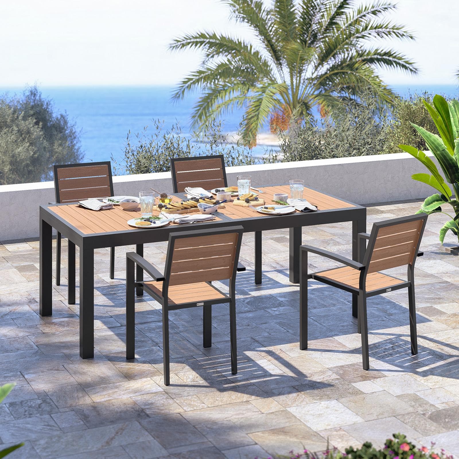 Sedia da esterno con braccioli in alluminio antracite e doghe effetto legno miele - Carioca Wood