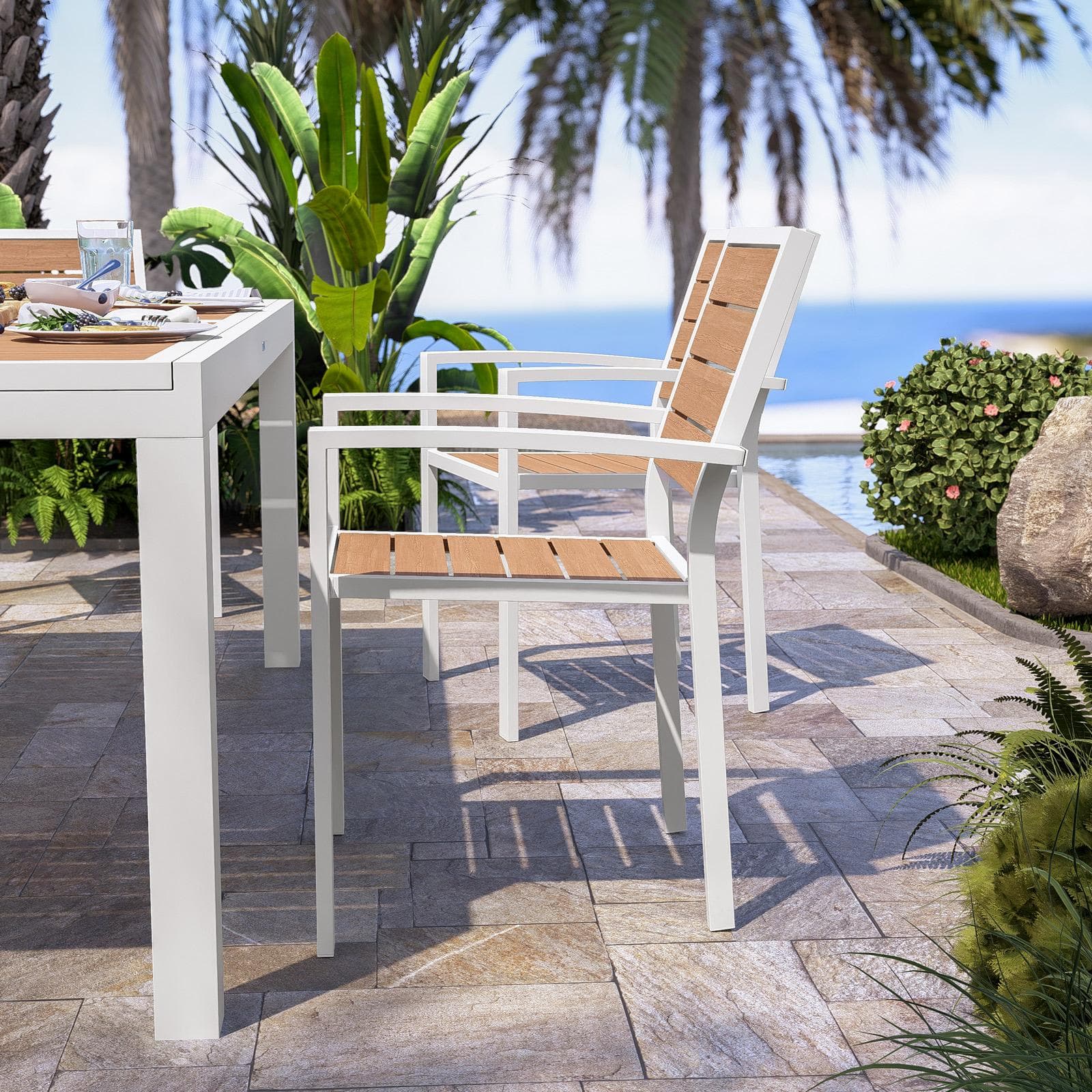 Sedia da esterno con braccioli in alluminio bianco e doghe effetto legno miele - Carioca Wood