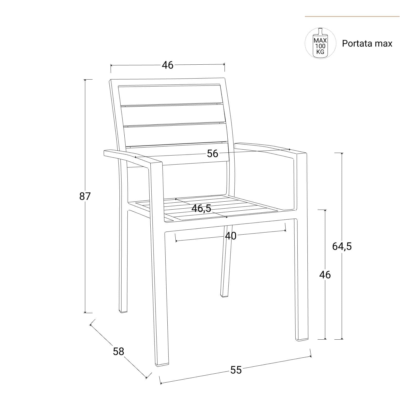 Sedia da esterno con braccioli in alluminio tortora e doghe effetto legno miele - Carioca Wood