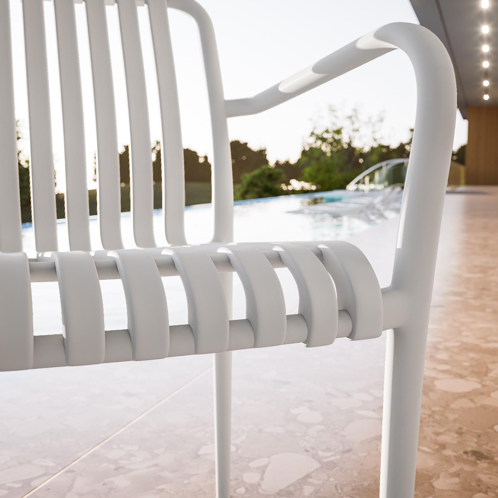 Sedia da giardino con braccioli e seduta a righe in polipropilene bianco - Solanum