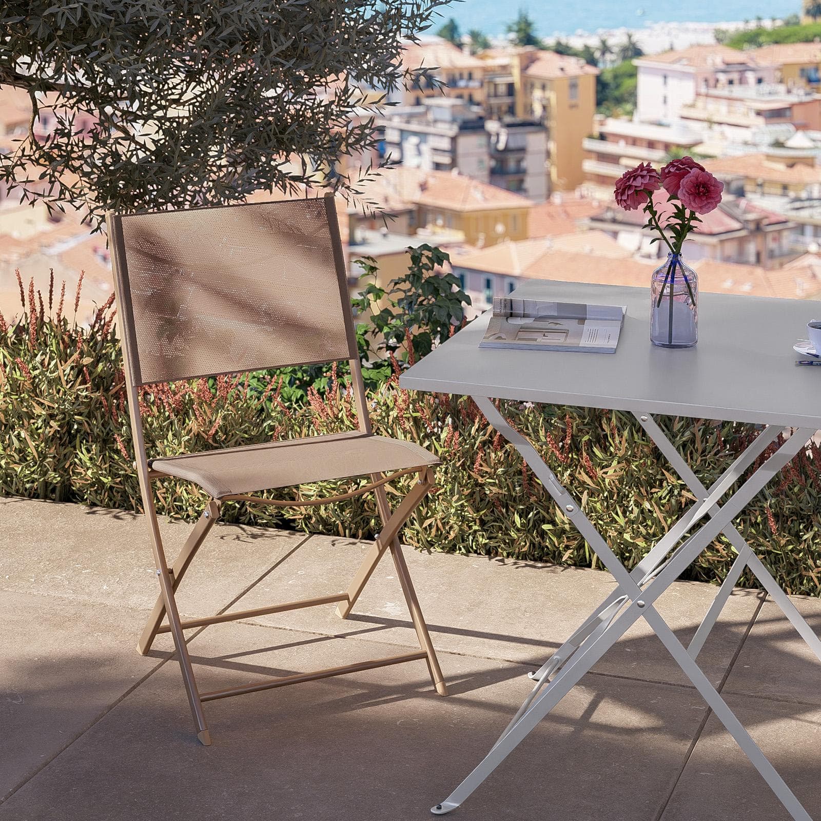 Sedia da giardino pieghevole in acciaio beige e textilene tortora - Iuba