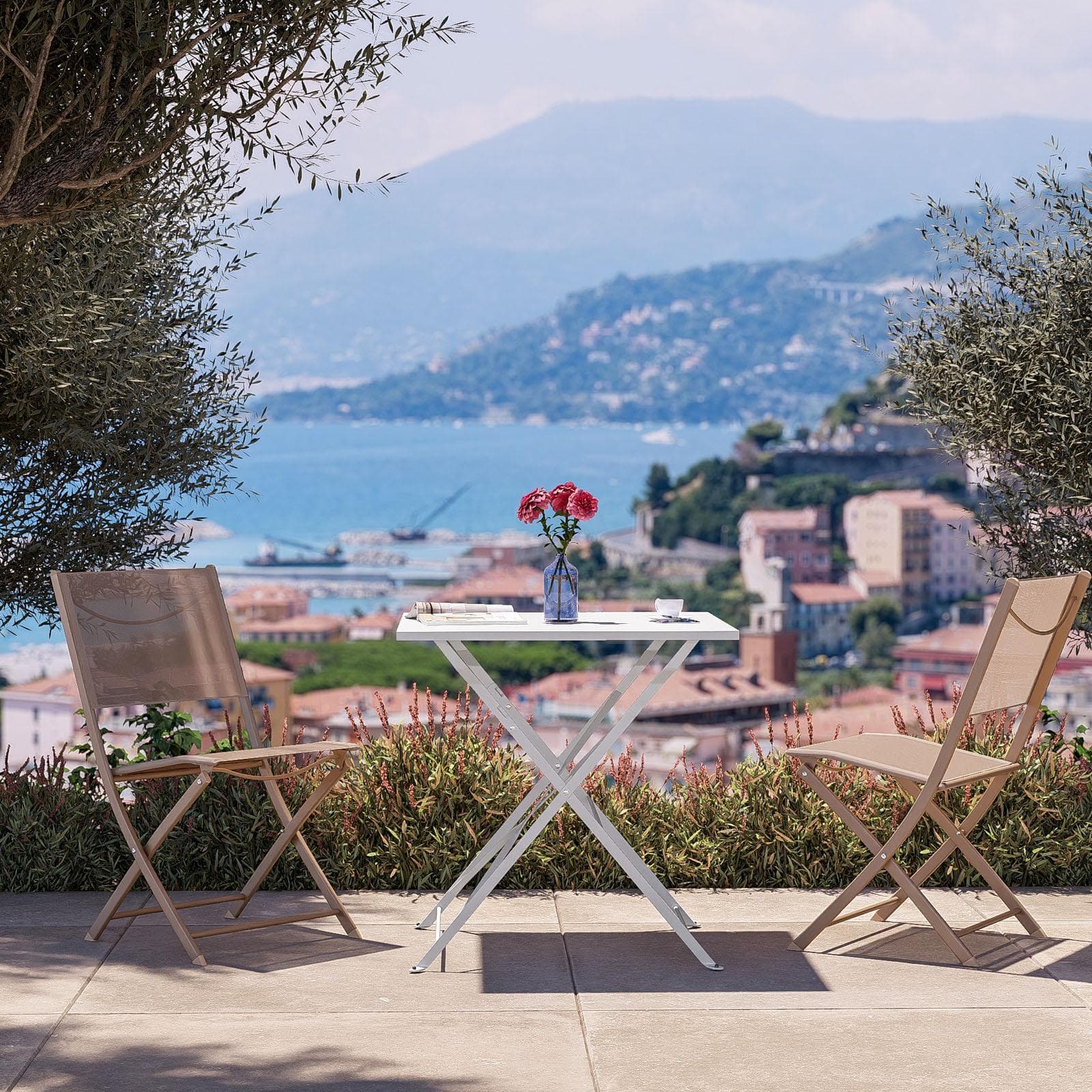 Sedia da giardino pieghevole in acciaio beige e textilene tortora - Iuba