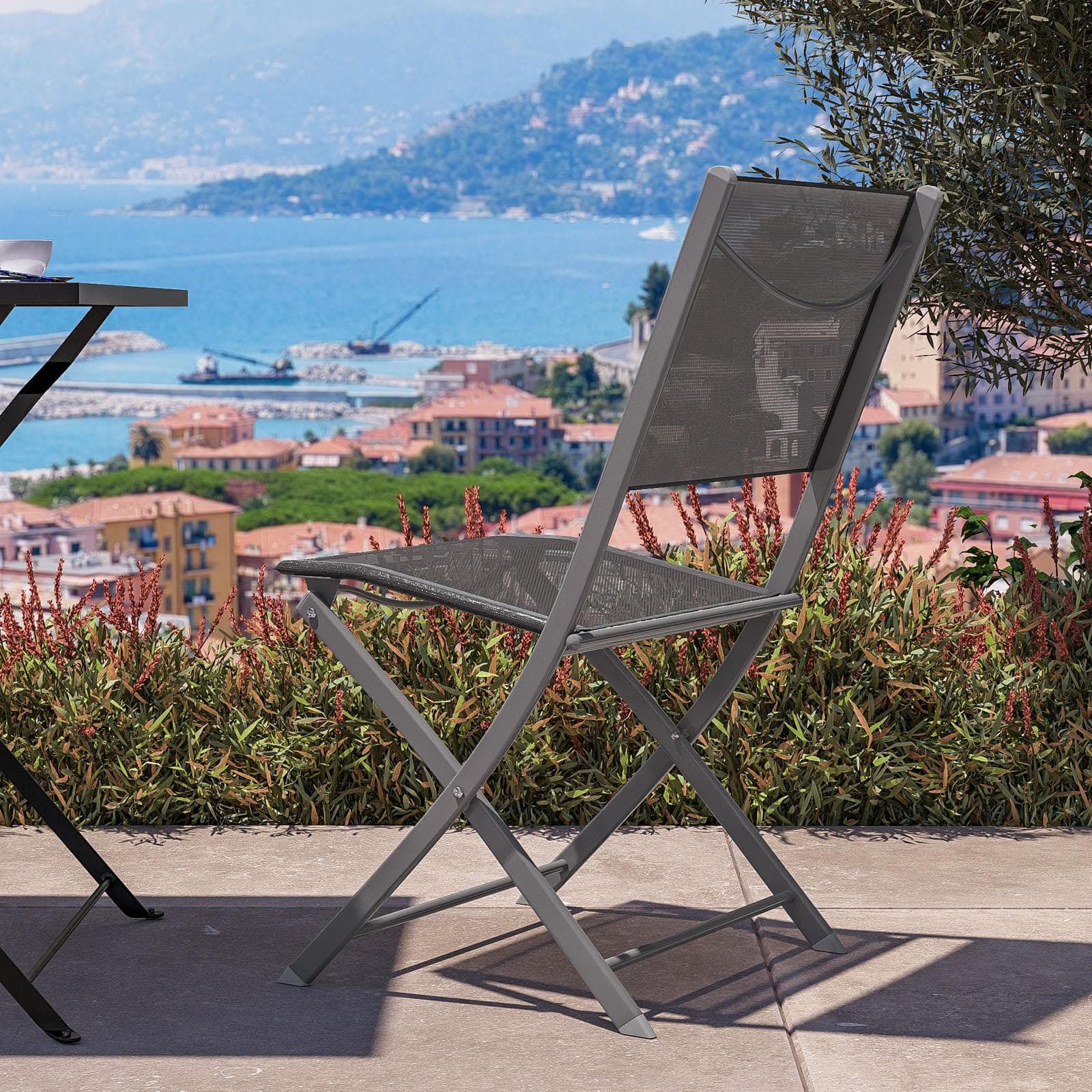 Sedia da giardino pieghevole in acciaio e textilene grigio scuro - Iuba