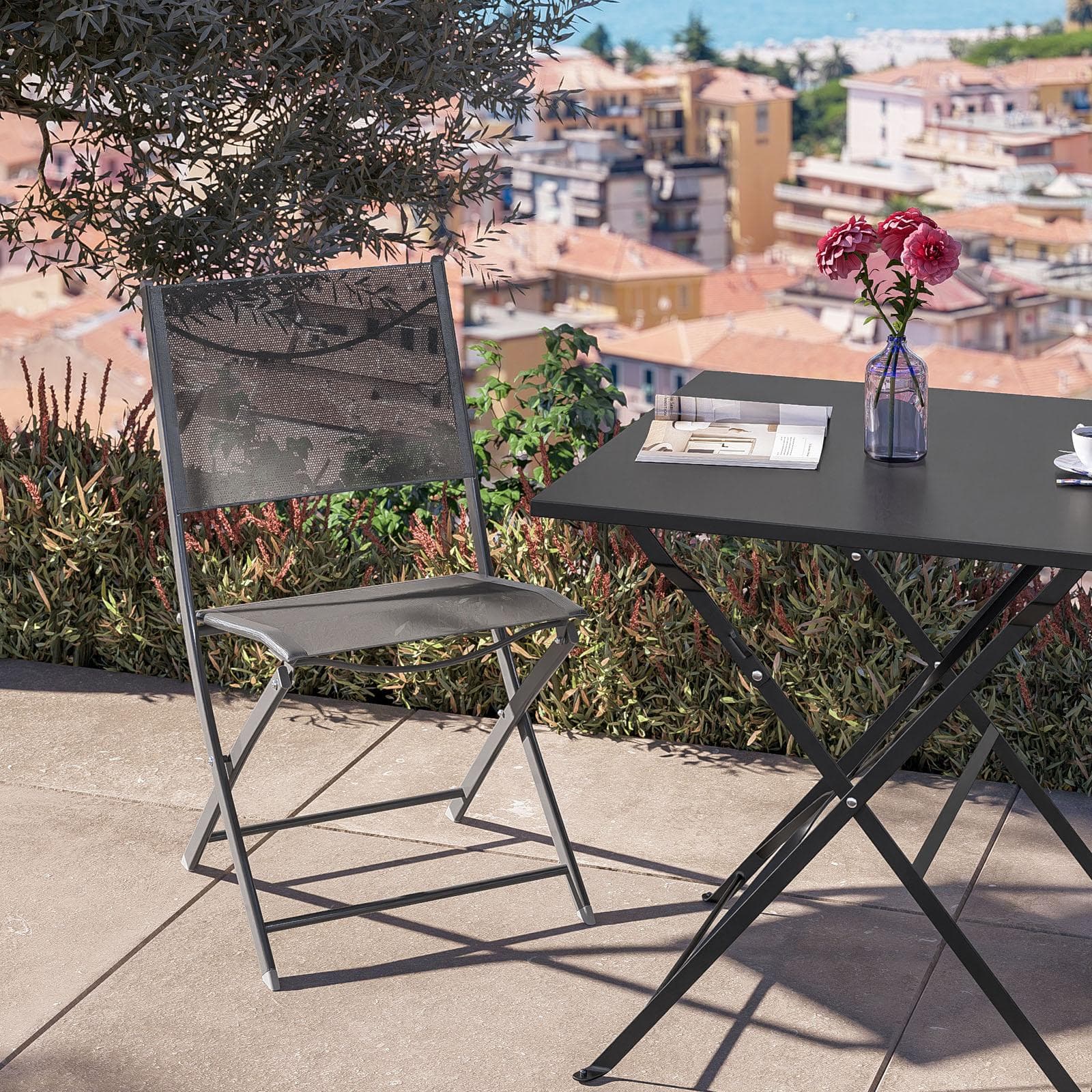 Sedia da giardino pieghevole in acciaio e textilene grigio scuro - Iuba