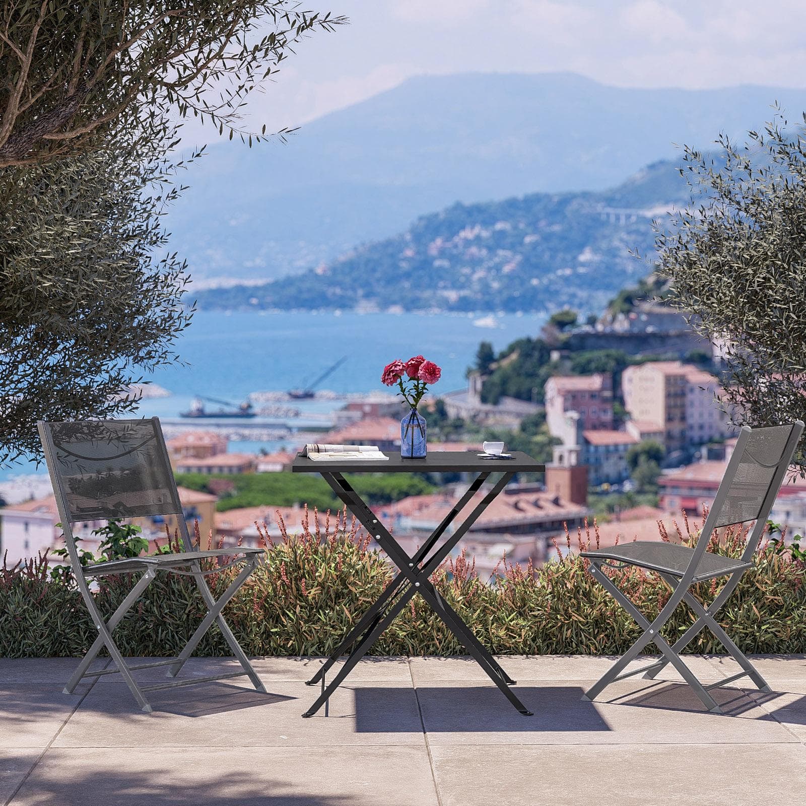 Sedia da giardino pieghevole in acciaio e textilene grigio scuro - Iuba