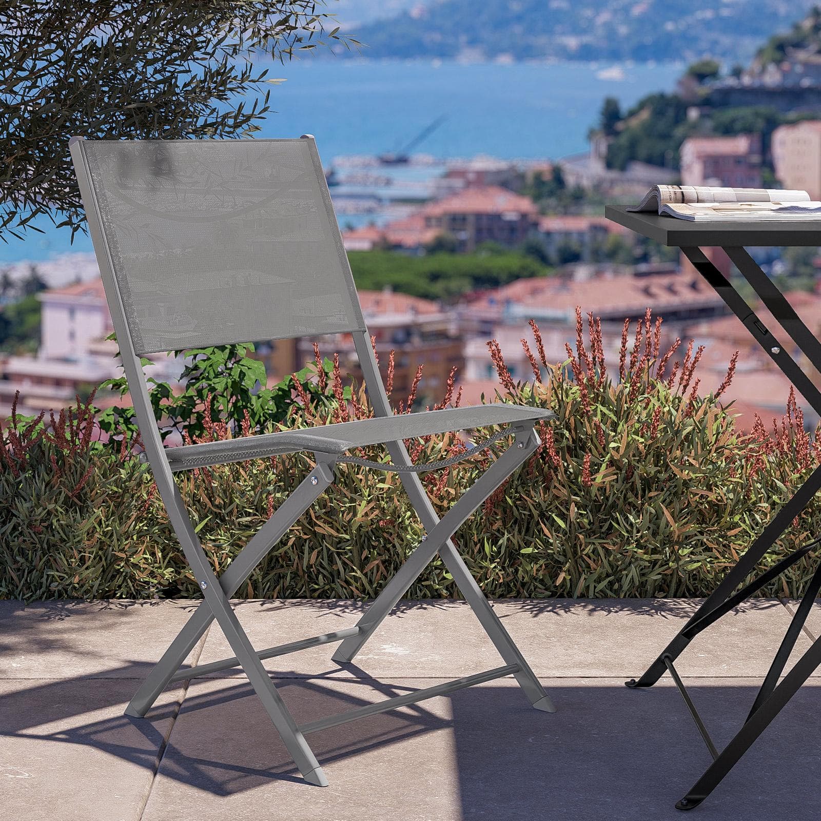 Sedia da giardino pieghevole in acciaio e textilene grigio chiaro - Iuba