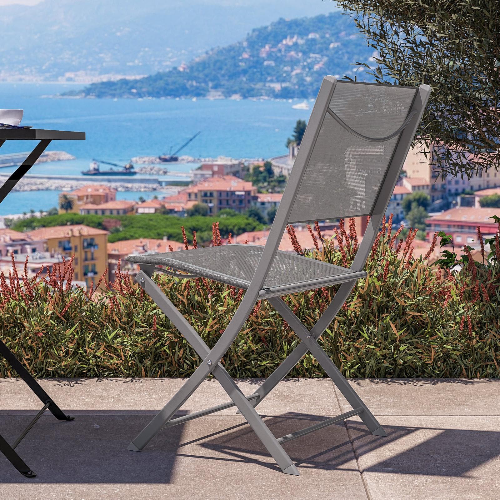 Sedia da giardino pieghevole in acciaio e textilene grigio chiaro - Iuba