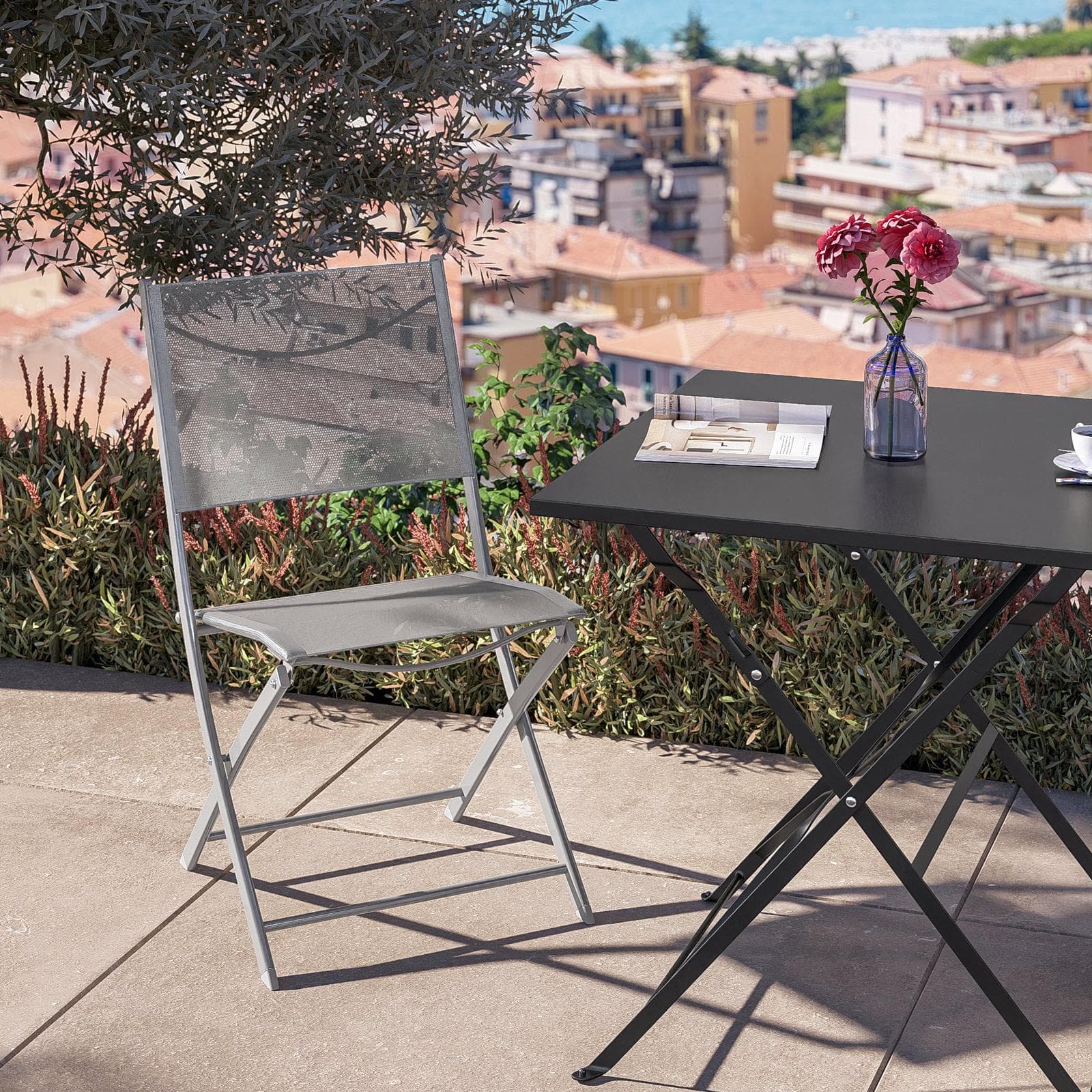 Sedia da giardino pieghevole in acciaio e textilene grigio chiaro - Iuba