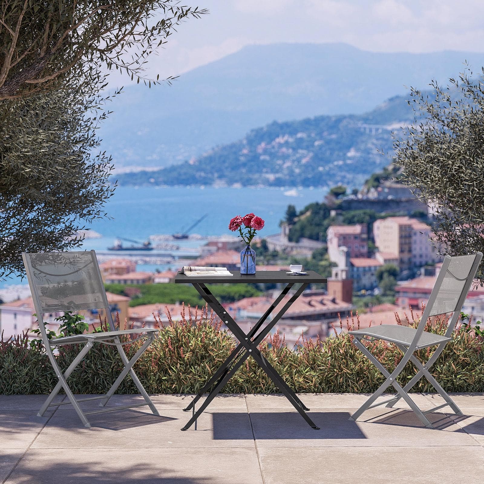 Sedia da giardino pieghevole in acciaio e textilene grigio chiaro - Iuba